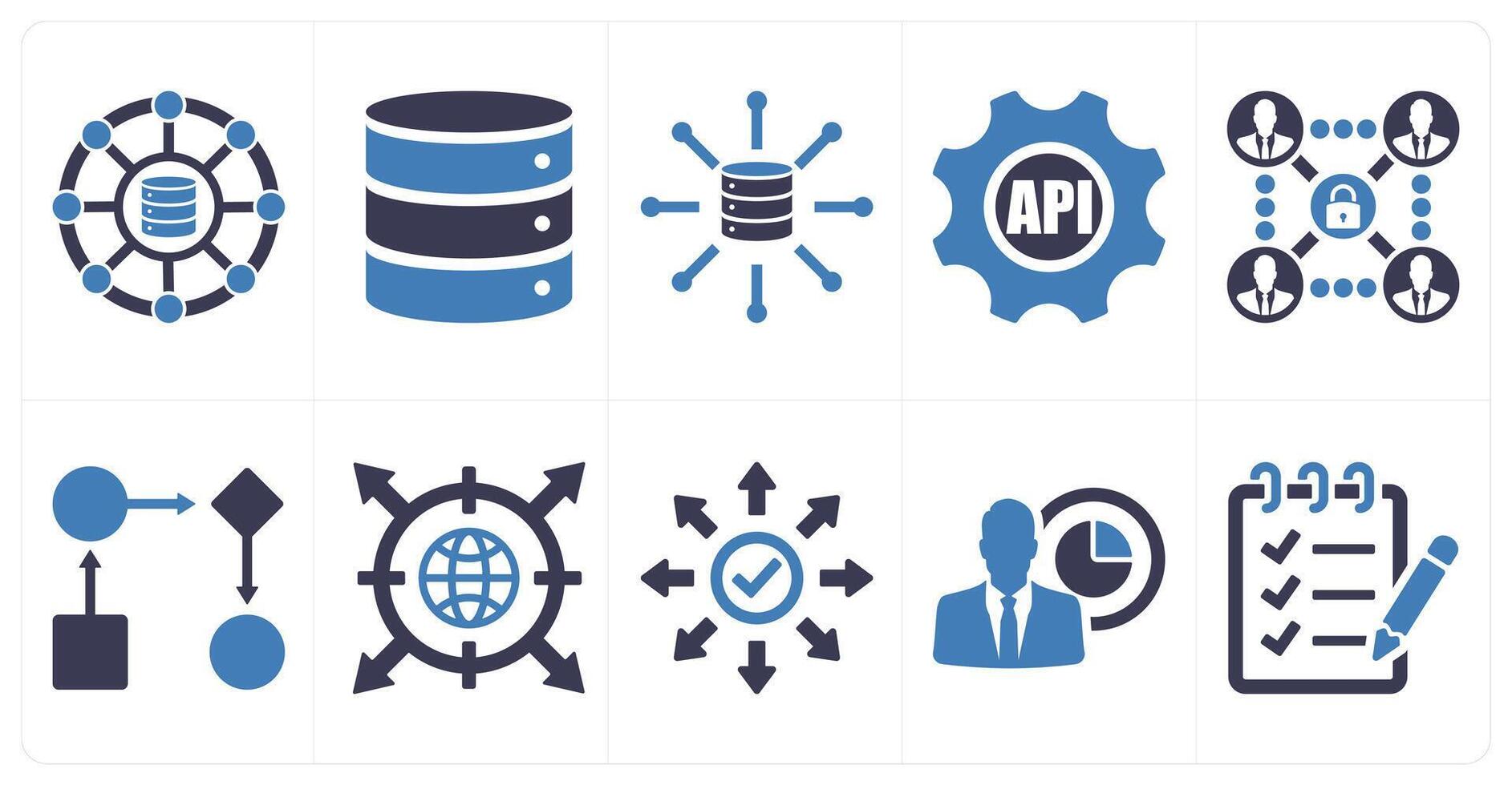 A set of 10 data analytics icons as structure, database, big data in blue filled color vector
