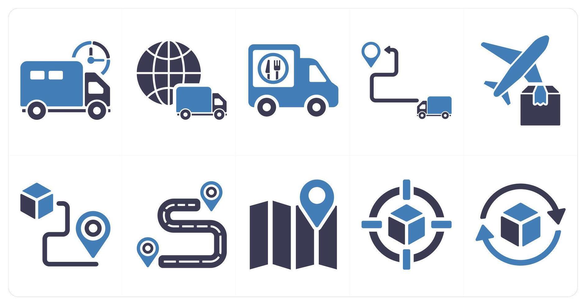 A set of 10 delivery icons as delivery on time, food delivery in blue filled color vector