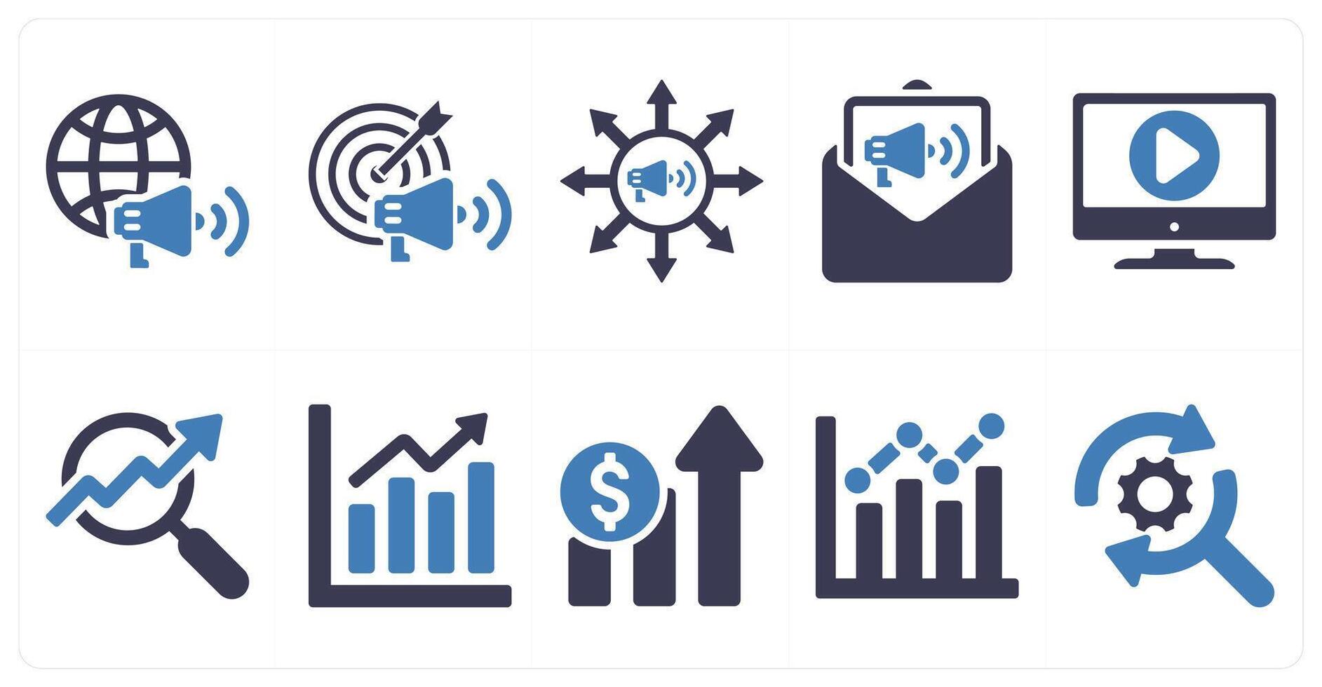 A set of 10 digital marketing icons as digital marketing, advertising, viral marketing in blue filled color vector