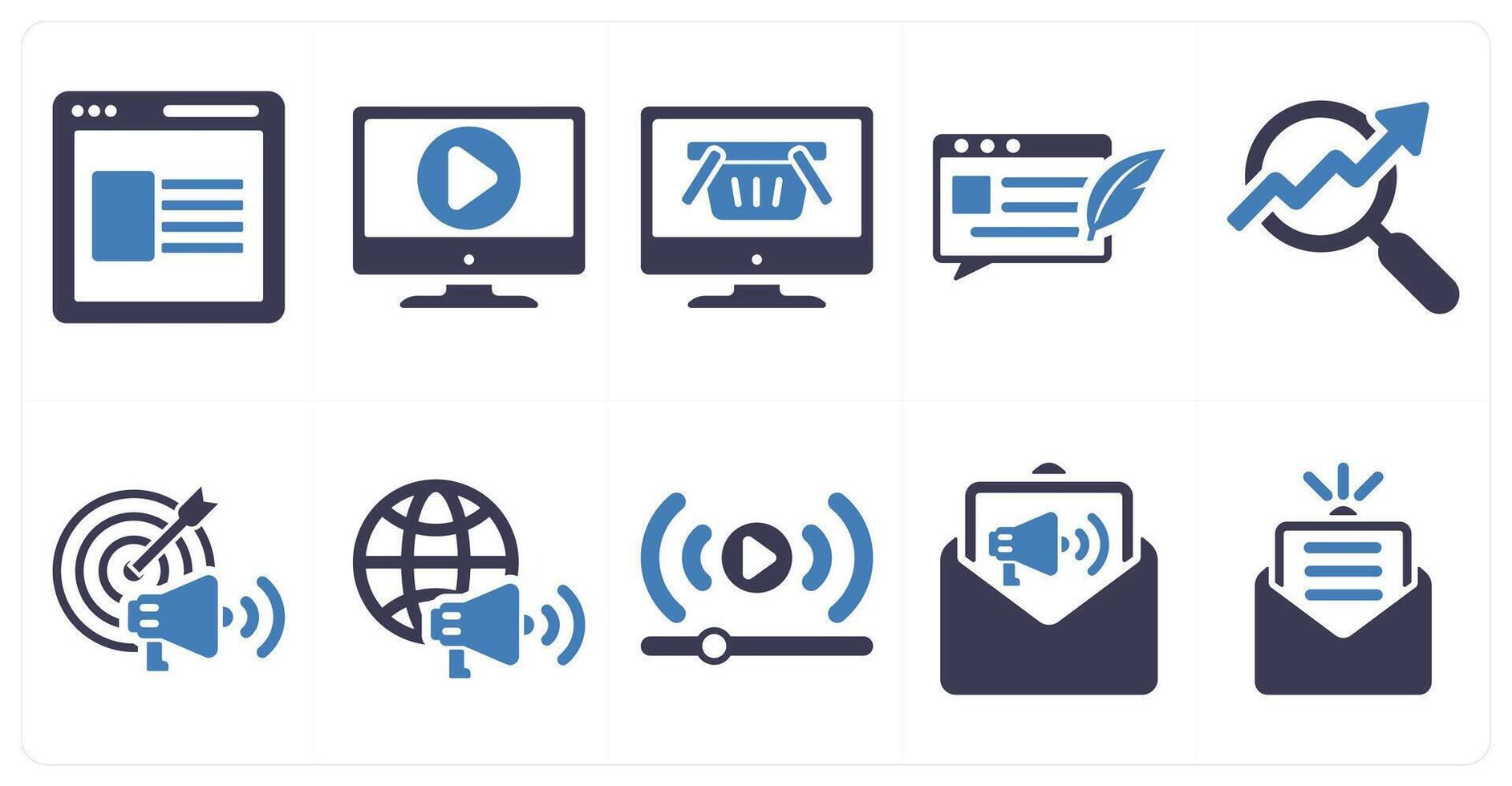 A set of 10 digital marketing icons as website, online , online shop in blue filled color vector