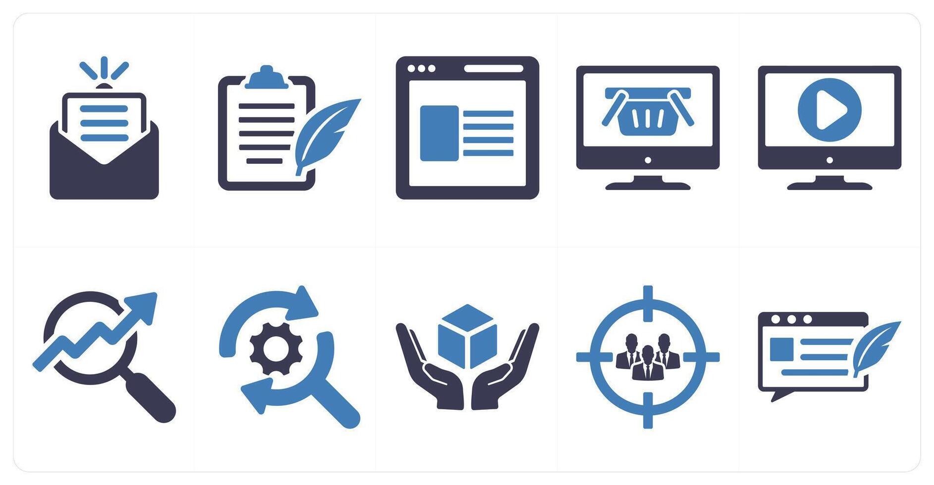 A set of 10 digital marketing icons as newsletter, content, website in blue filled color vector