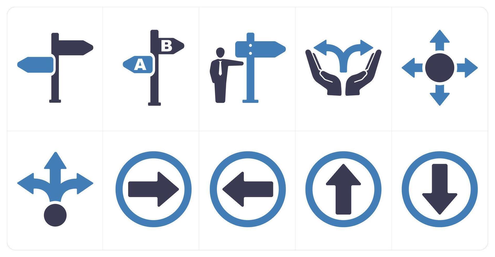 A set of 10 direction icons as direction, choice, indicate direction in blue filled color vector