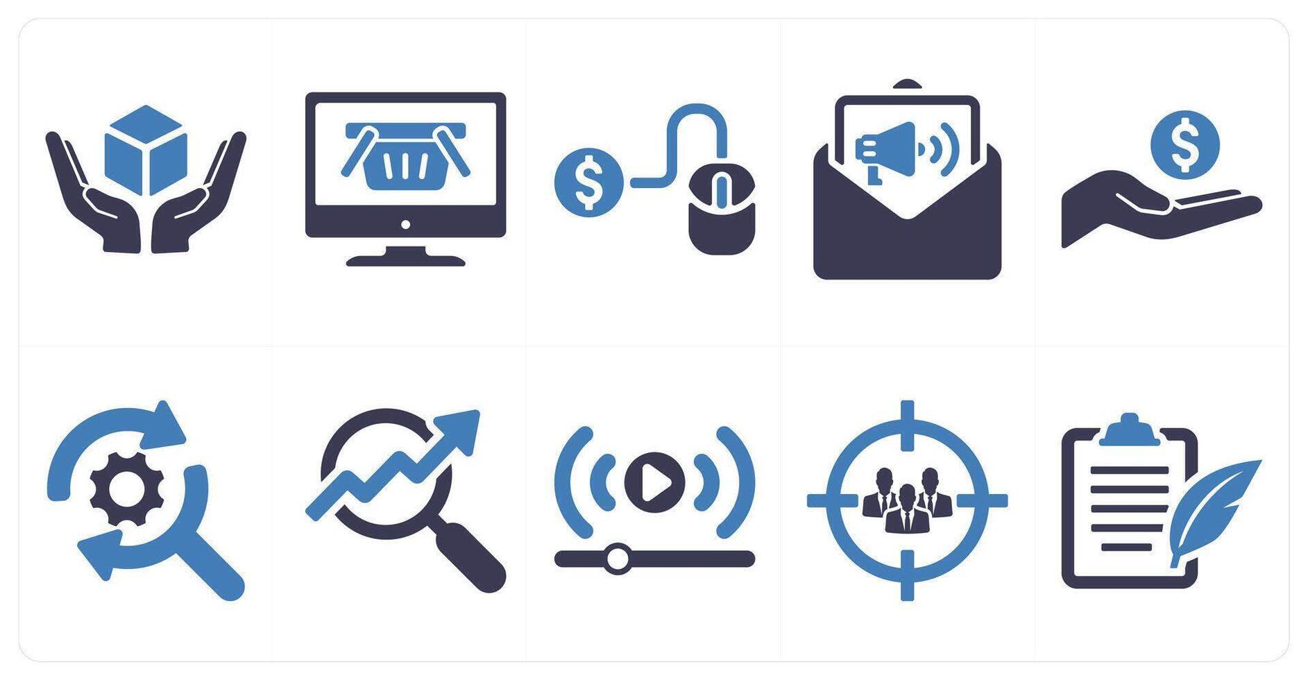 A set of 10 digital marketing icons as product, online shop, pay per click in blue filled color vector