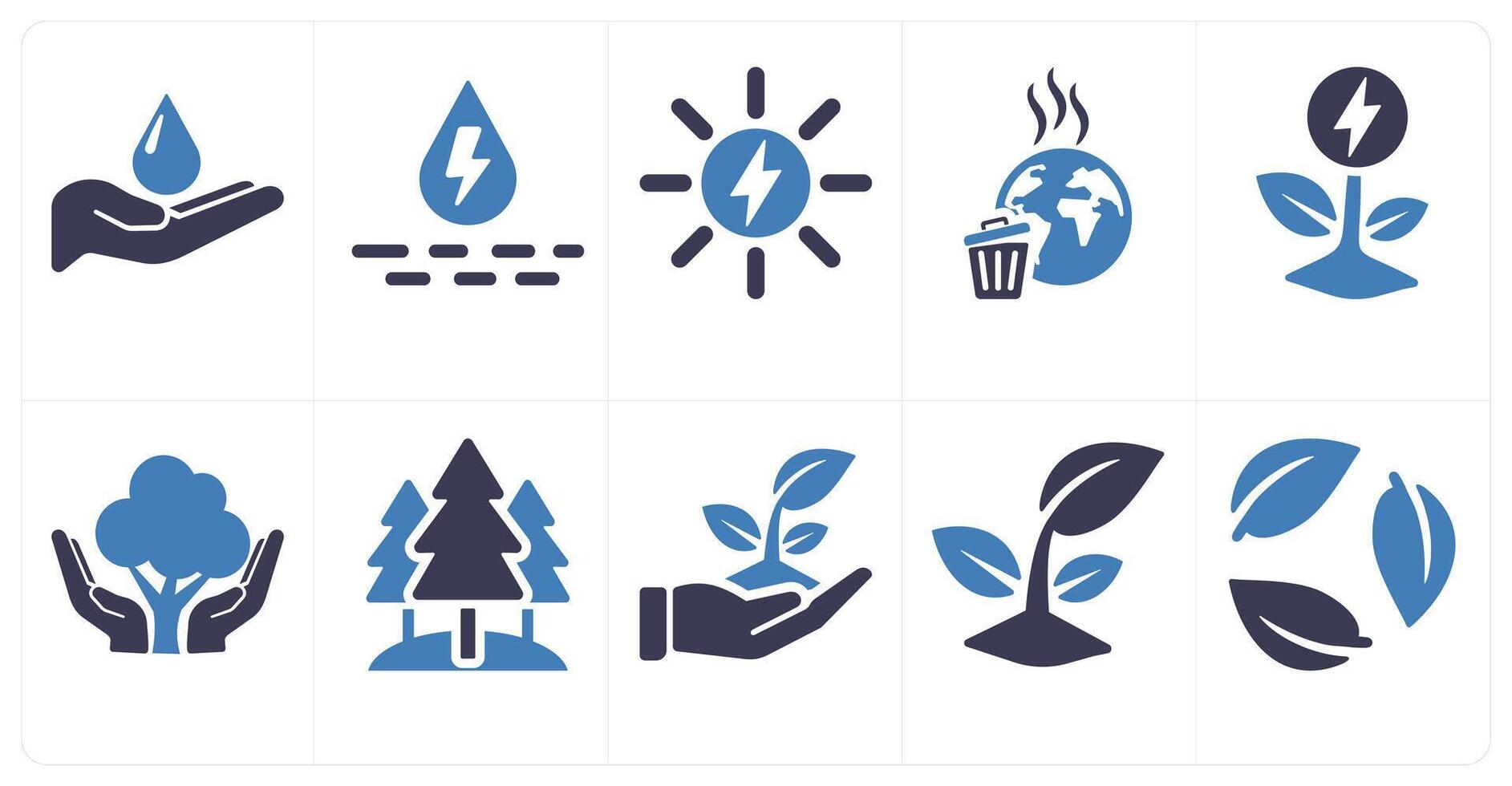 A set of 10 ecology icons as save water, hydro power, solar power in blue filled color vector