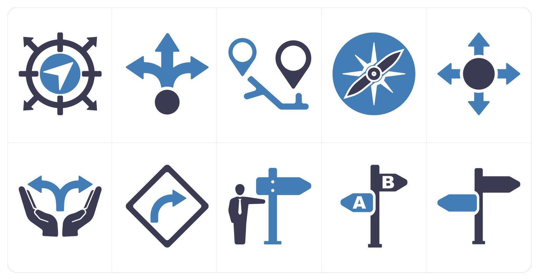 A set of 10 direction icons as navigation, way, itinerary in blue filled color vector
