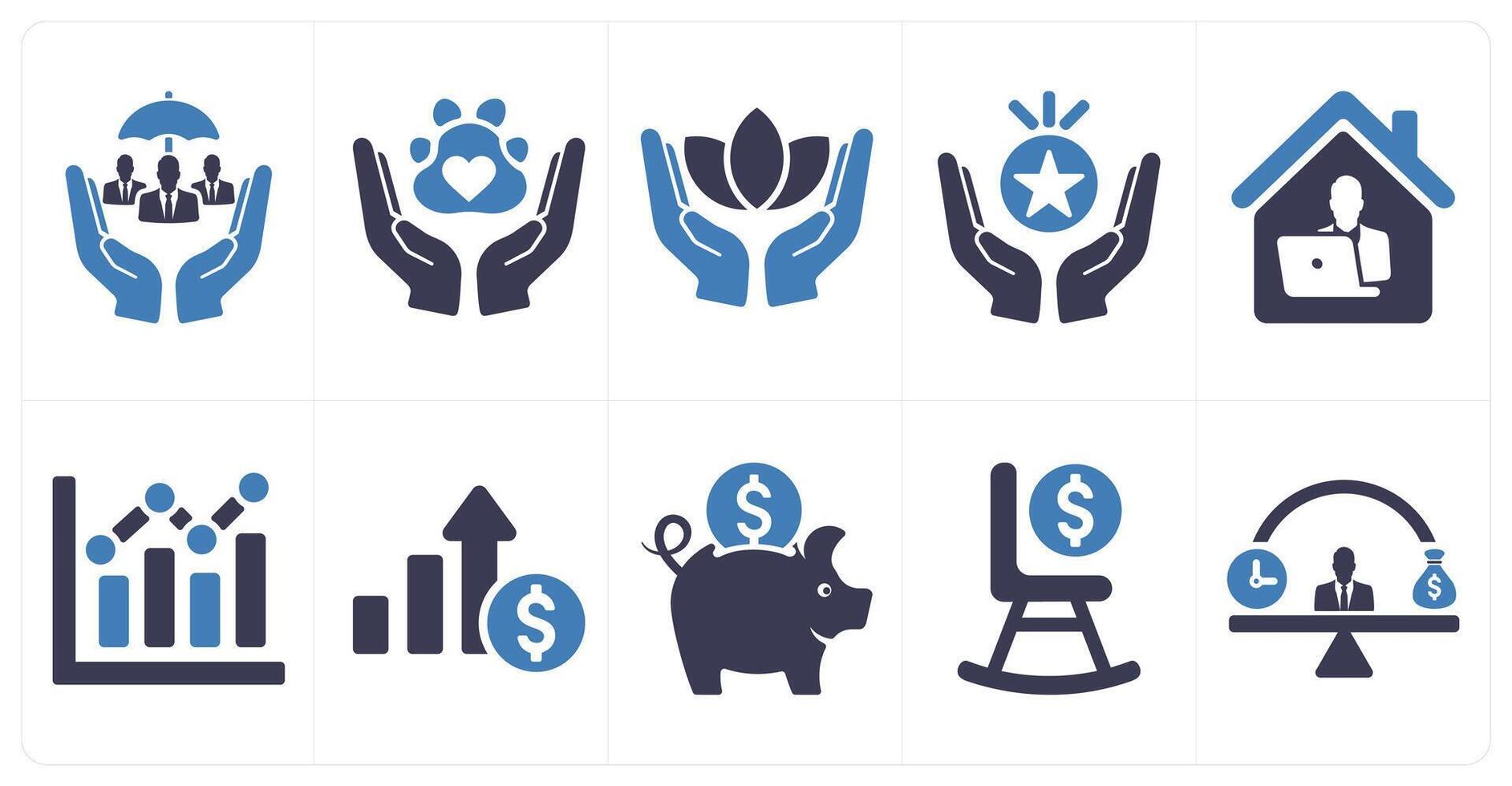 A set of 10 employee benefits icons as social security, pet friendly, wellness in blue filled color vector
