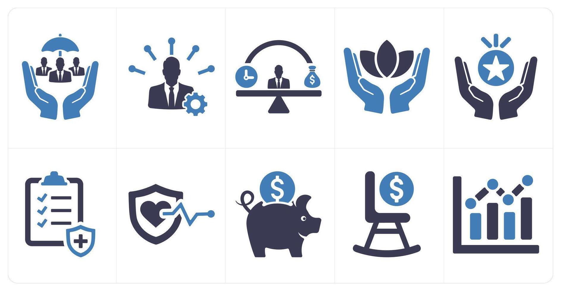 A set of 10 employee benefits icons as social security, skills development, work life balance in blue filled color vector