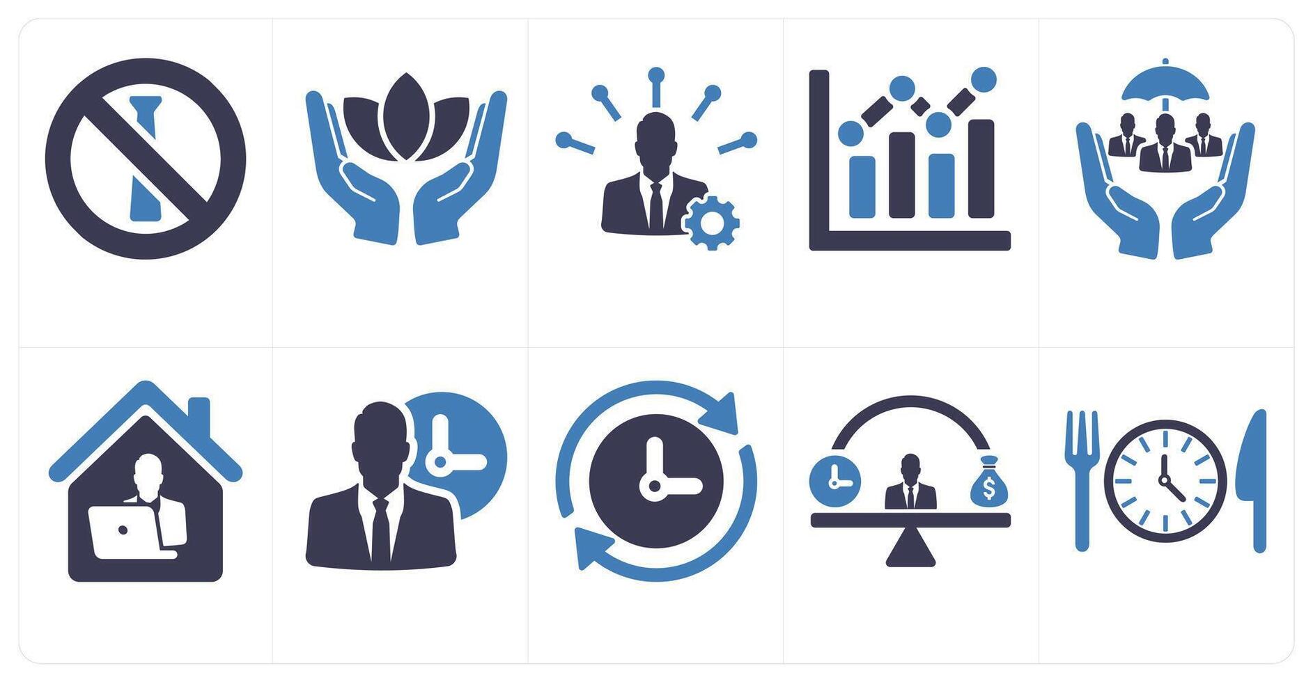 A set of 10 employee benefits icons as no dress code, wellness, skills development in blue filled color vector