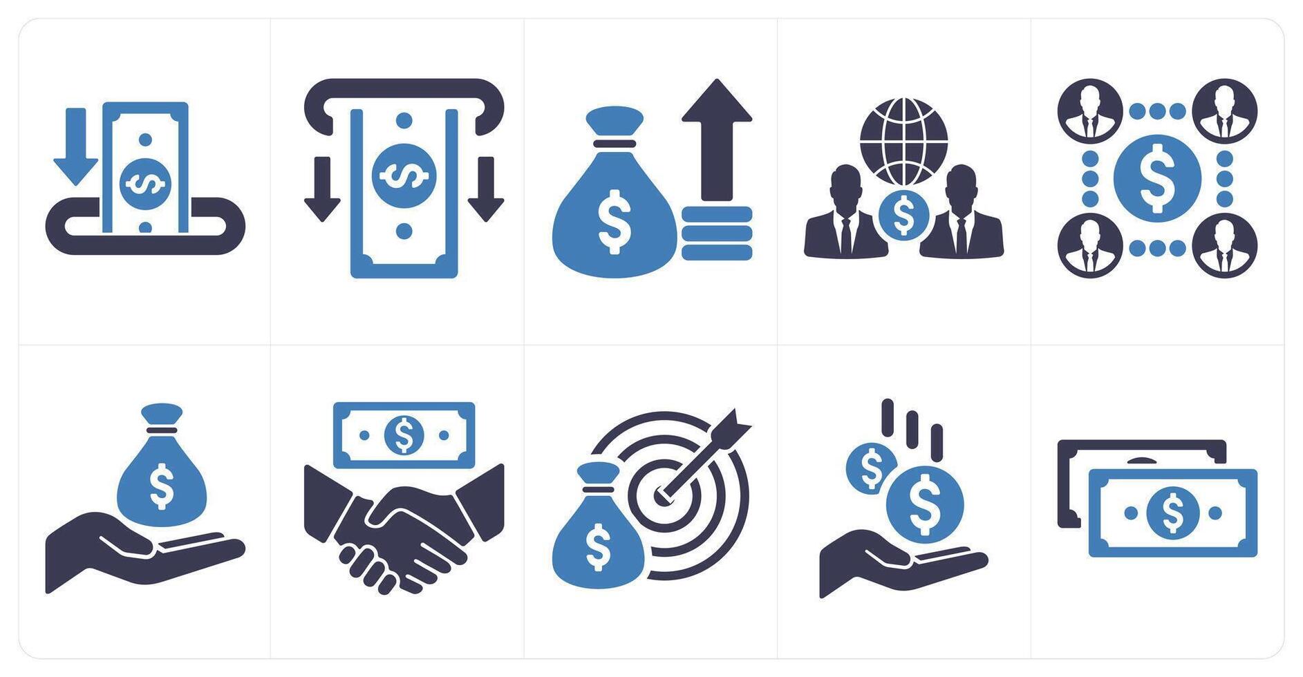 A set of 10 finance icons as deposit, withdrawal, profit in blue filled color vector