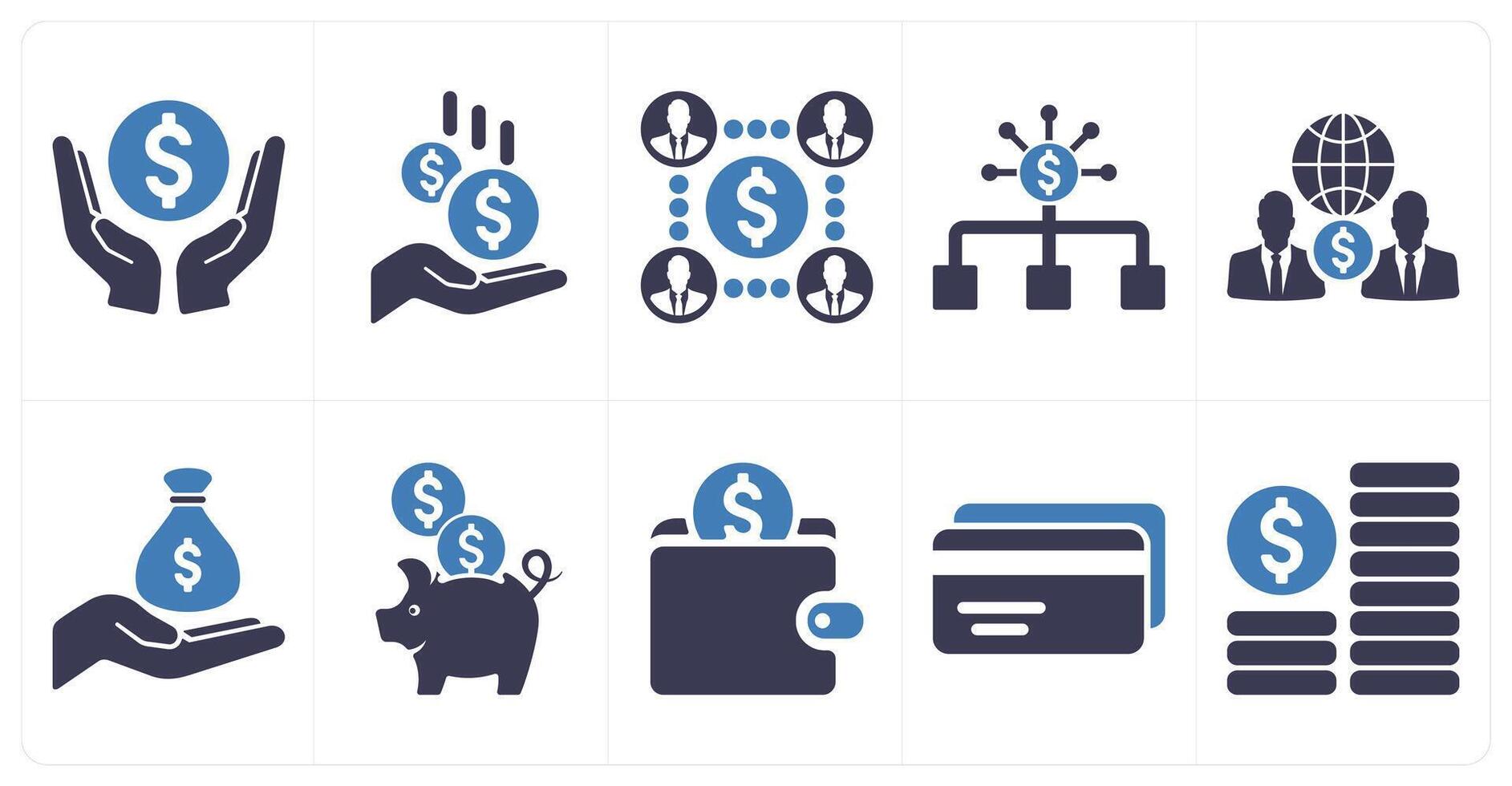 A set of 10 finance icons as savings, earnings, mutual funds in blue filled color vector