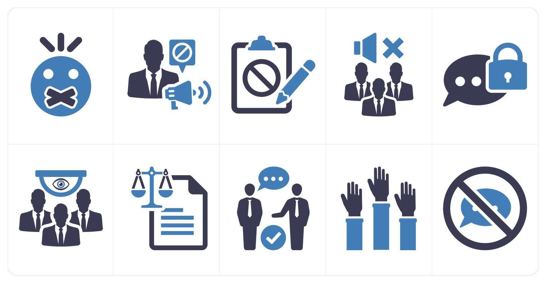 A set of 10 freedom of speech icons as censored, censorship, petition in blue filled color vector