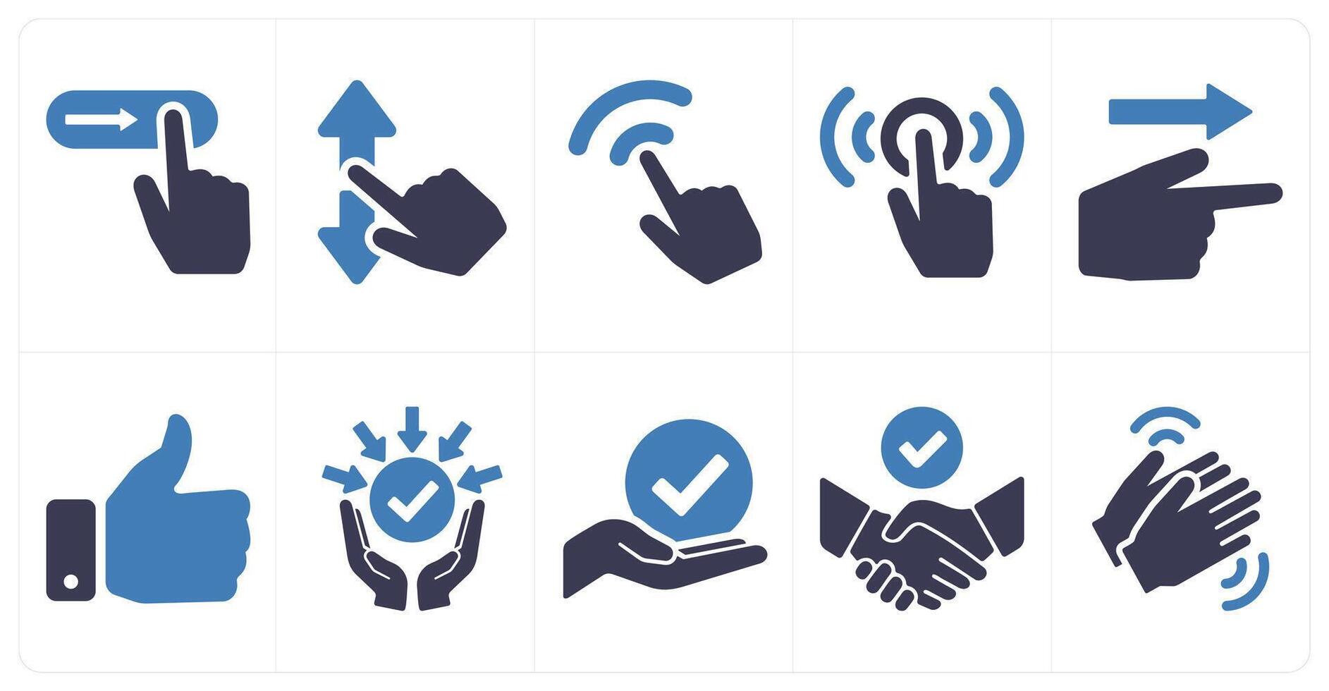 A set of 10 hands icons as slide gesture, scroll, click in blue filled color vector