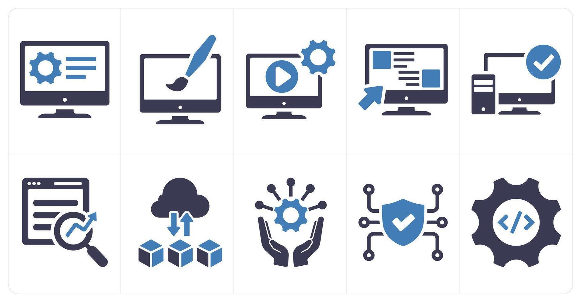 A set of 10 hard skills icons as software development, graphic design, editing in blue filled color vector