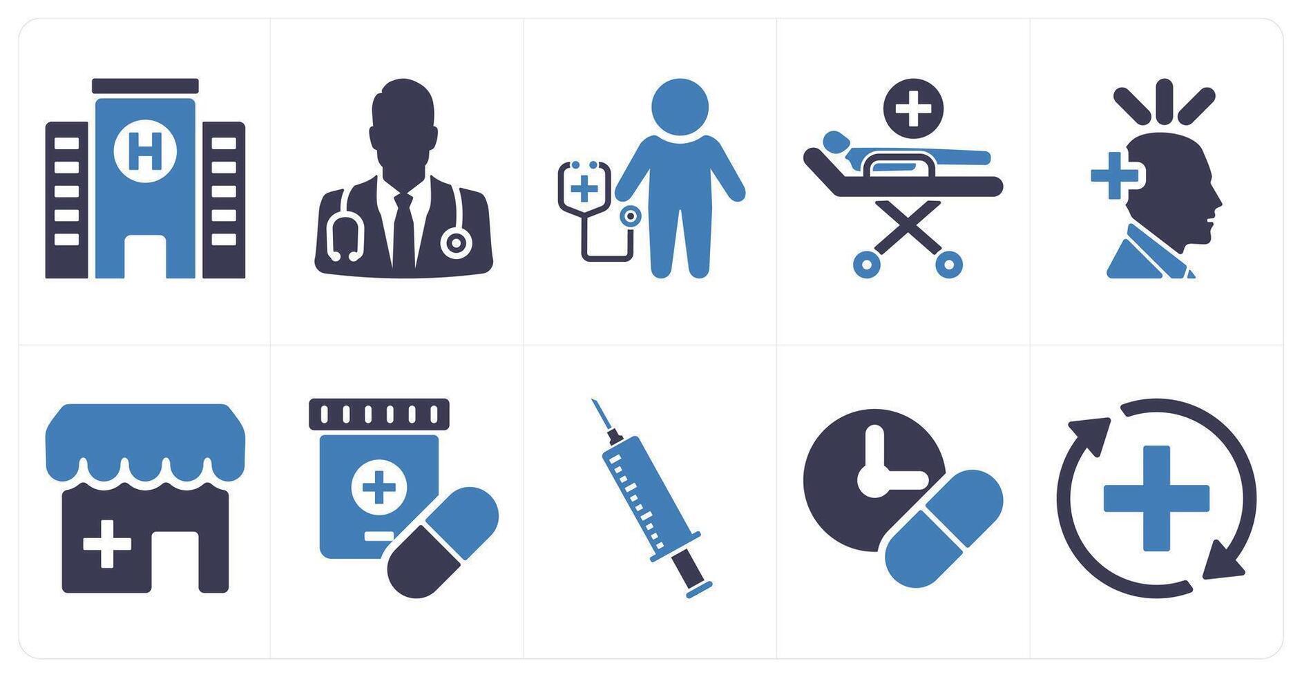 A set of 10 health checkup icons as hospital, doctor, checkup in blue filled color vector