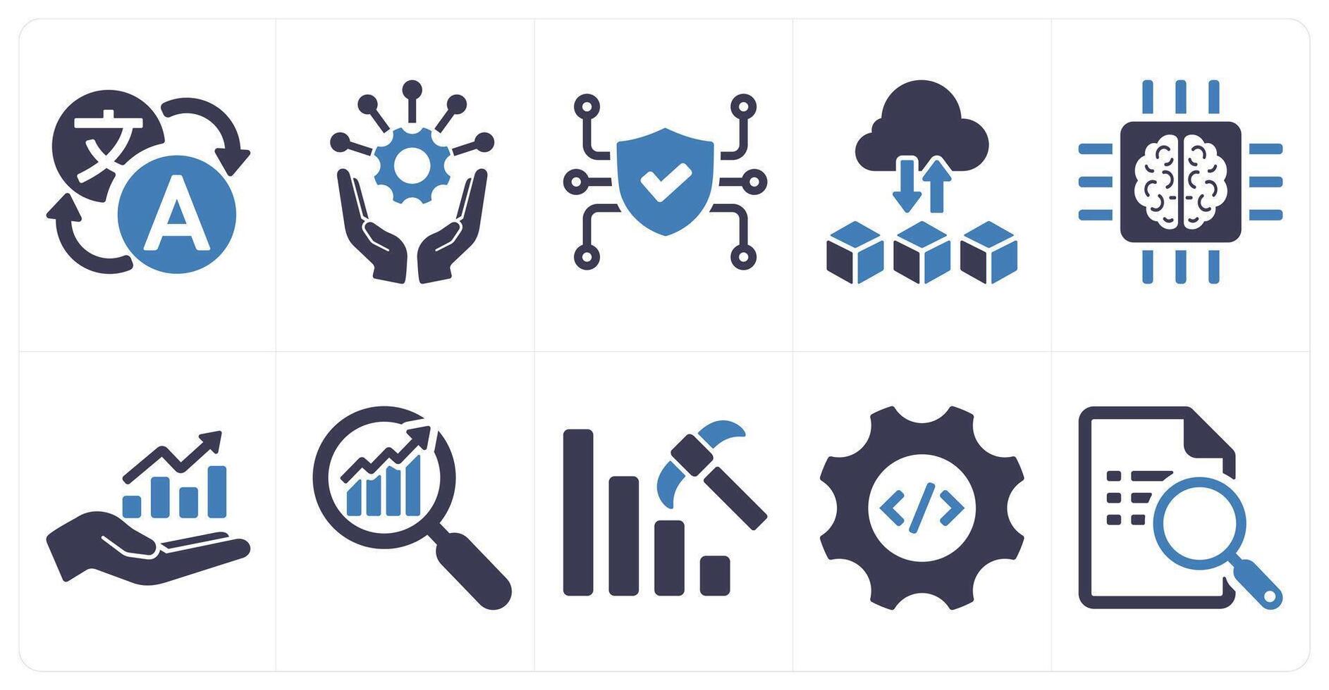 A set of 10 hard skills icons as foreign language, project management, cyber security in blue filled color vector