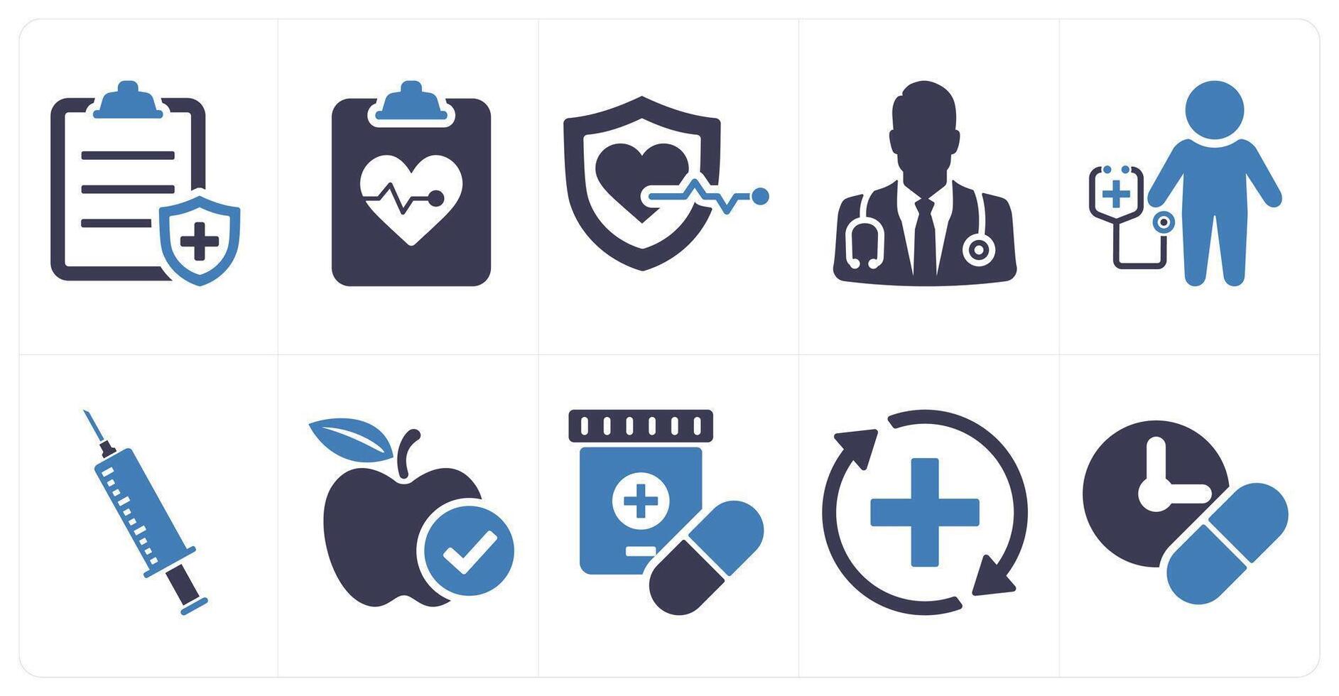A set of 10 health checkup icons as health insurance, life insurance, doctor in blue filled color vector
