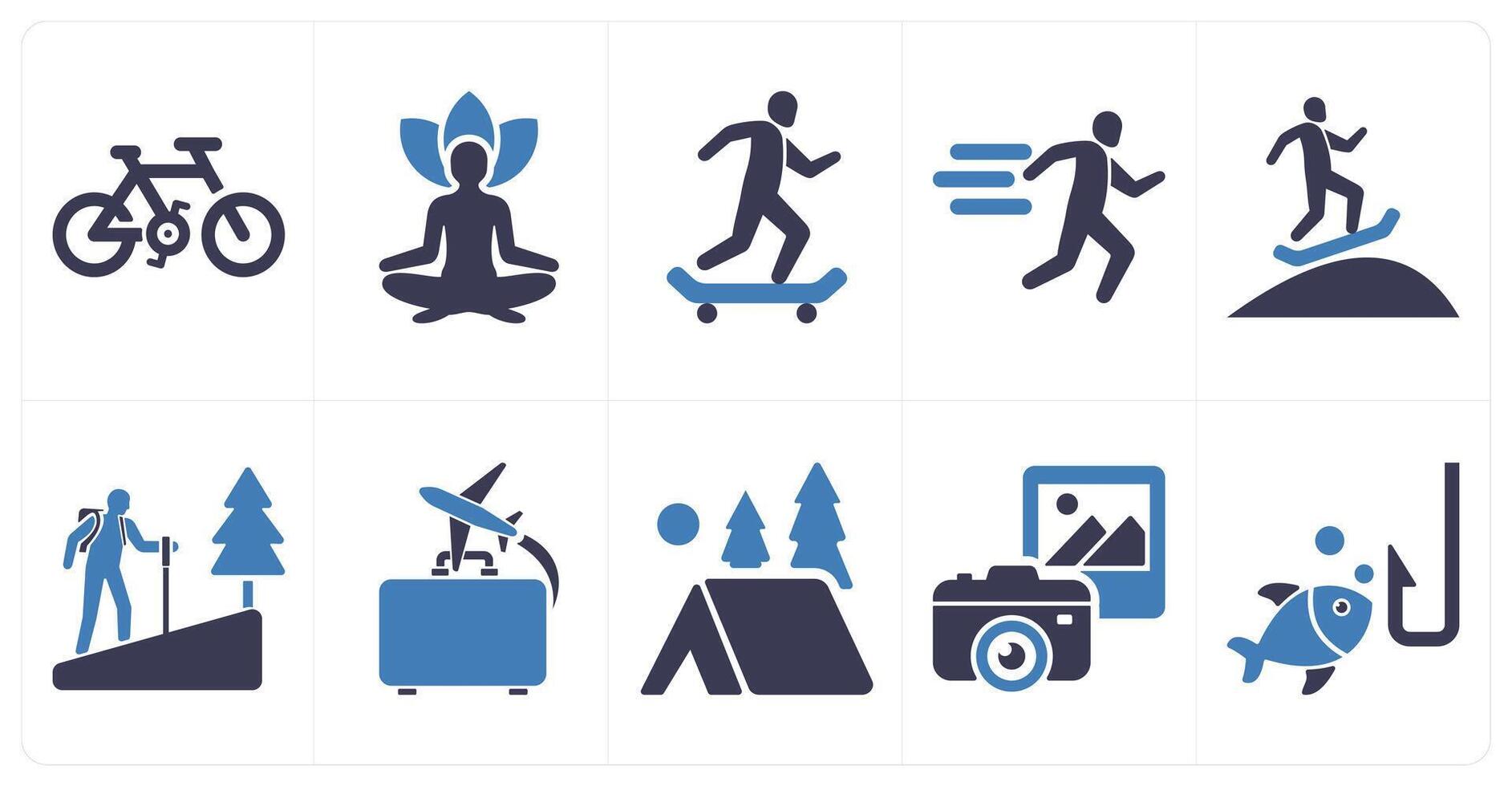 A set of 10 hobby icons as cycling, yoga, skating in blue filled color vector