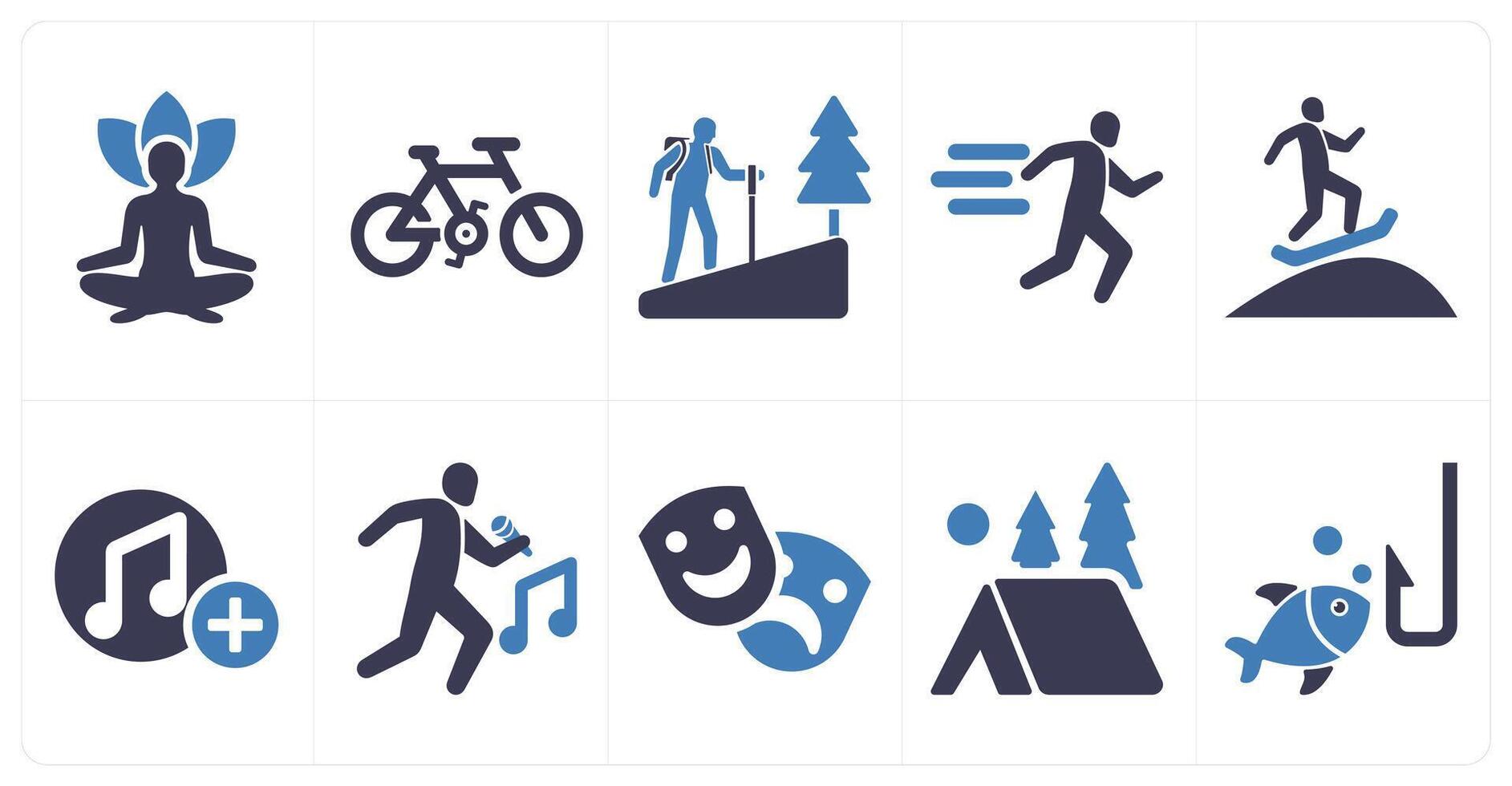 A set of 10 hobby icons as yoga, cycling, hiking in blue filled color vector