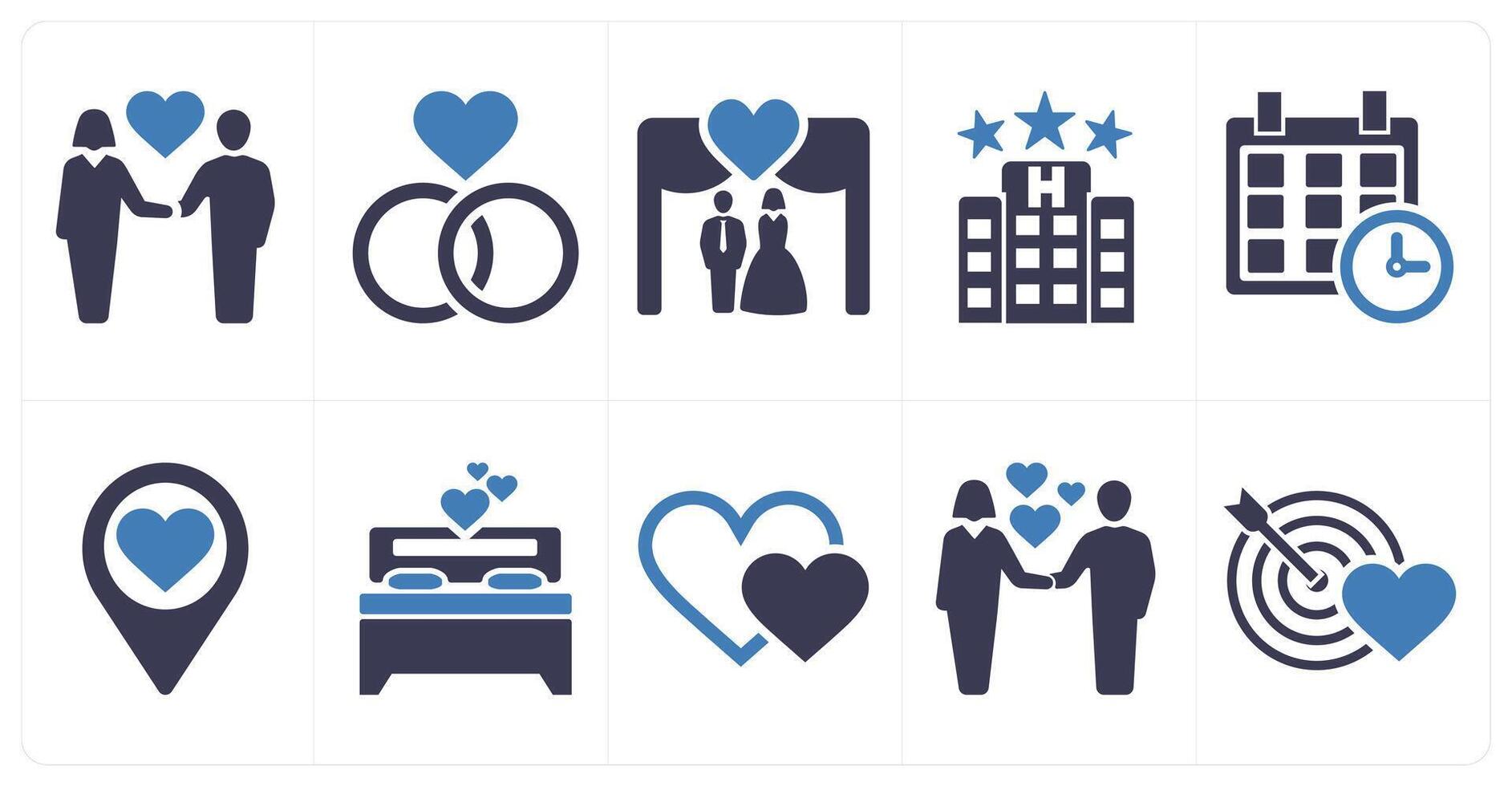 A set of 10 honeymoon icons as couple, engagement, wedding in blue filled color vector