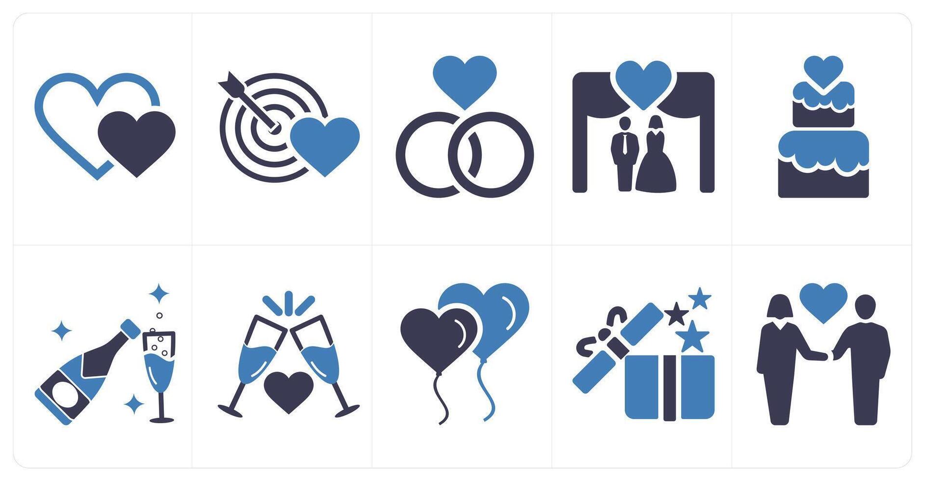 A set of 10 honeymoon icons as love, couple goals, engagement in blue filled color vector