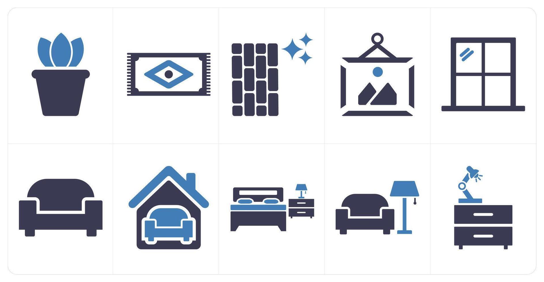 A set of 10 home interior icons as desk plant, rug, floor in blue filled color vector