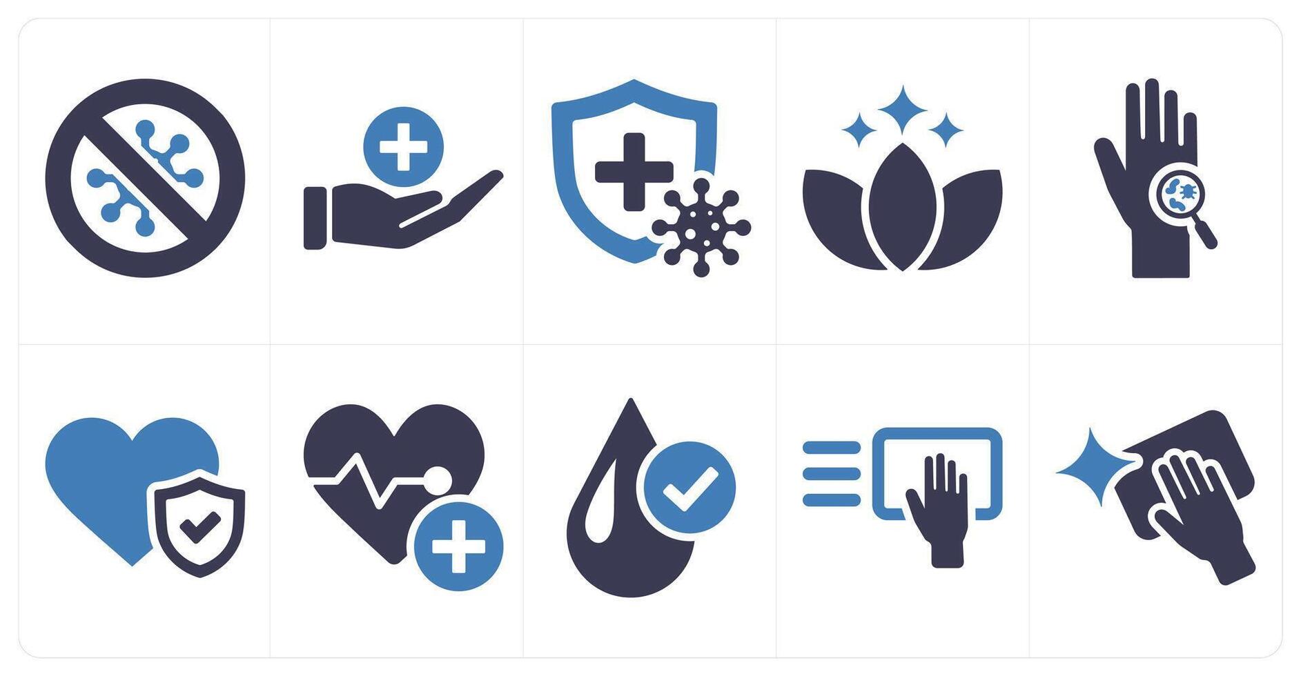 A set of 10 hygiene icons as no bacteria, hygiene, bacteria protection in blue filled color vector