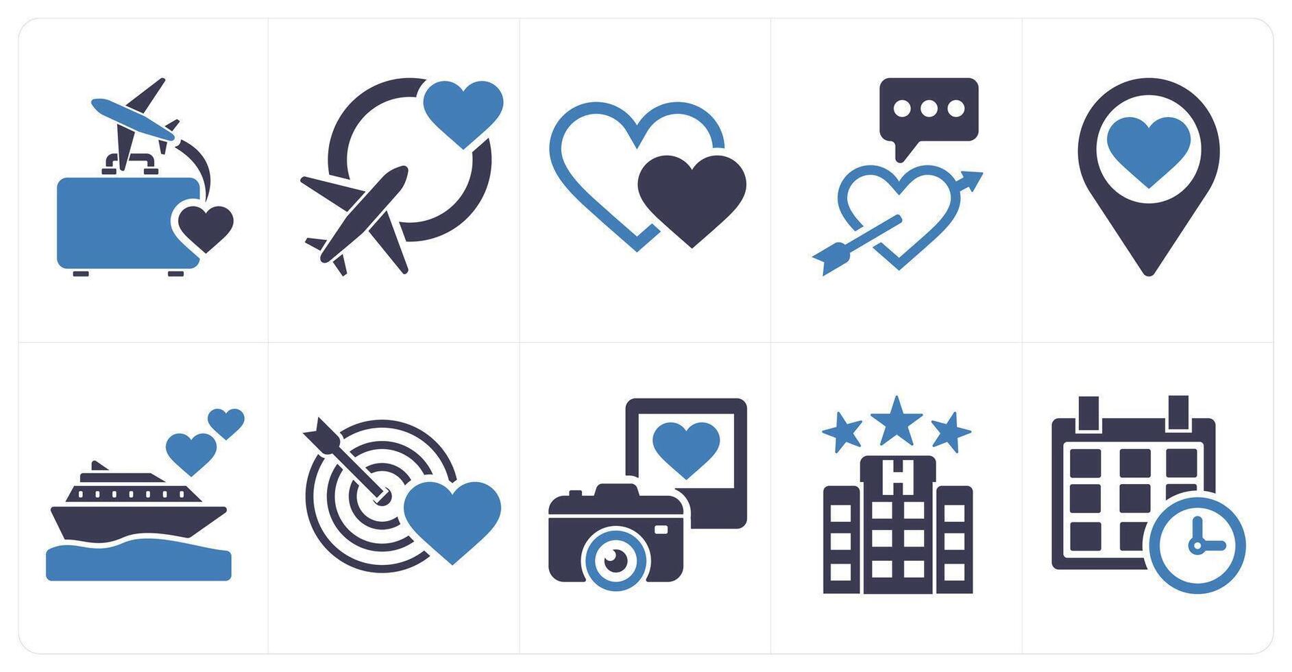 A set of 10 honeymoon icons as travel, honeymoon, love, love story in blue filled color vector