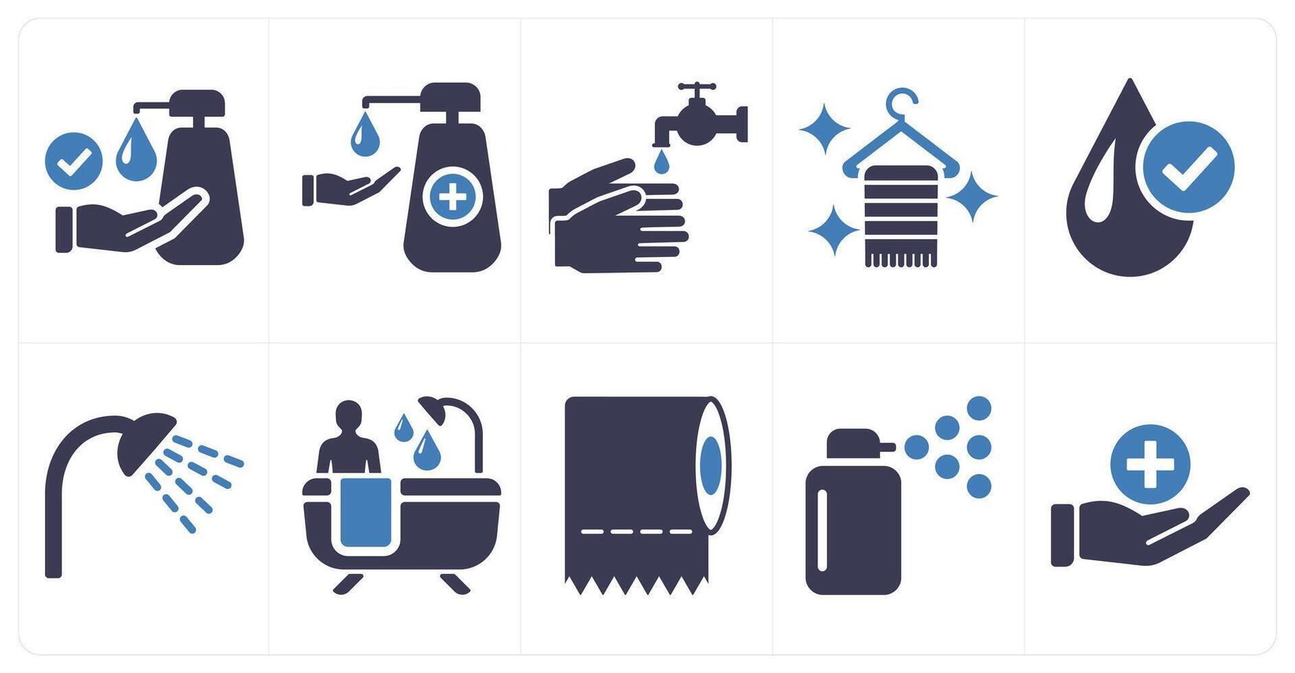 A set of 10 hygiene icons as disinfection, hand wash, wash hands in blue filled color vector