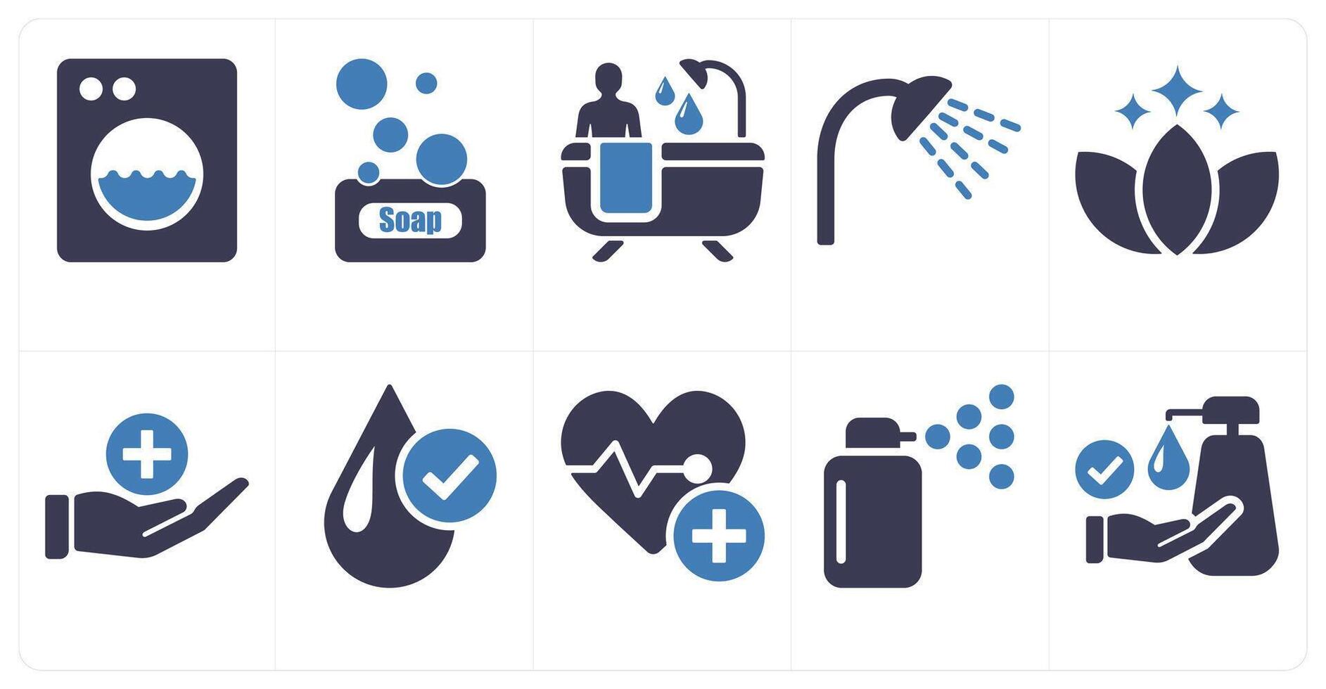 A set of 10 hygiene icons as washing machine, soap, bathing in blue filled color vector
