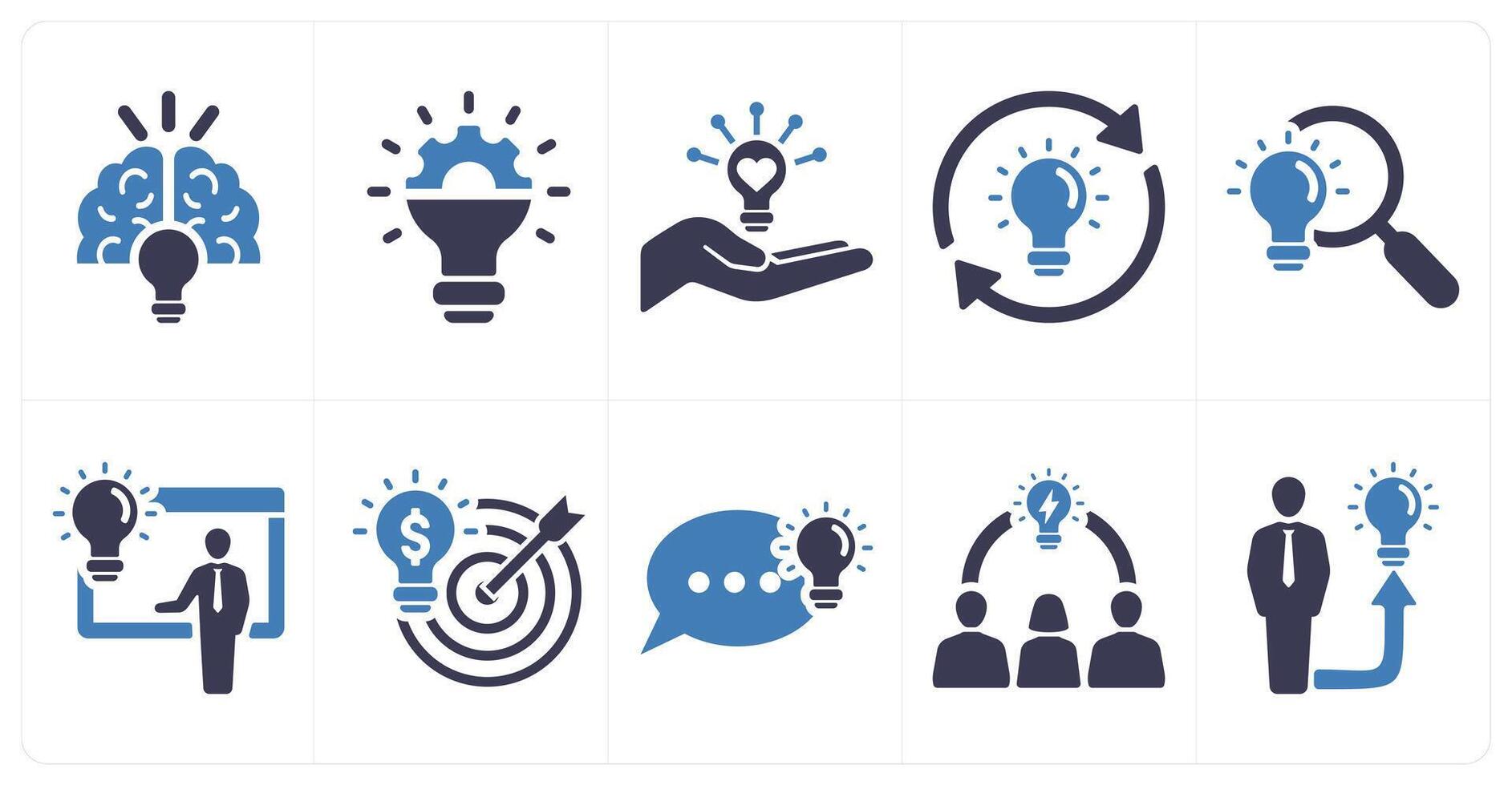 A set of 10 idea icons as creative idea, innovation, share idea in blue filled color vector