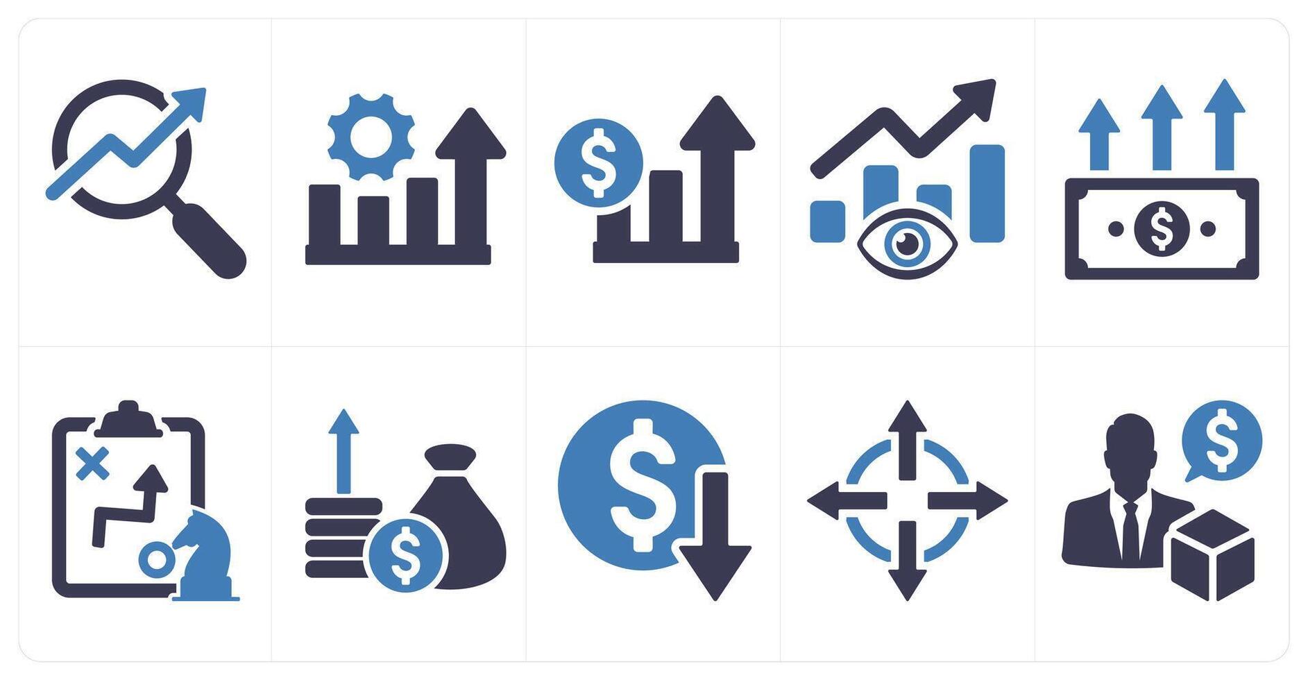 A set of 10 increase sale icons as seo, performance, sales in blue filled color vector