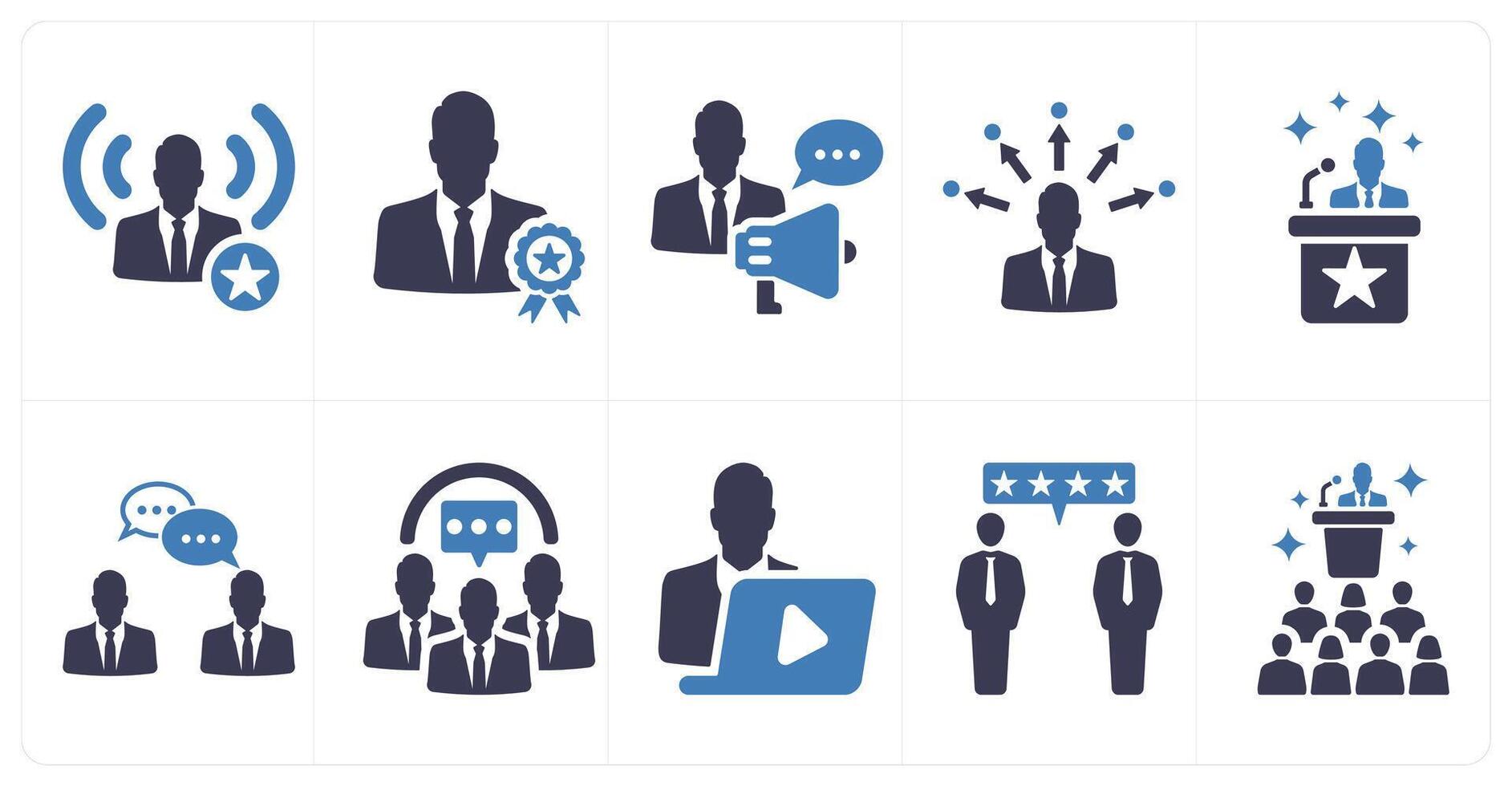 A set of 10 influencer icons as influencer, ambassador, promotion in blue filled color vector