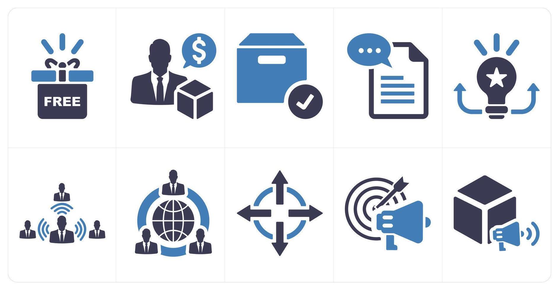 A set of 10 increase sale icons as freebie, seller, product in blue filled color vector