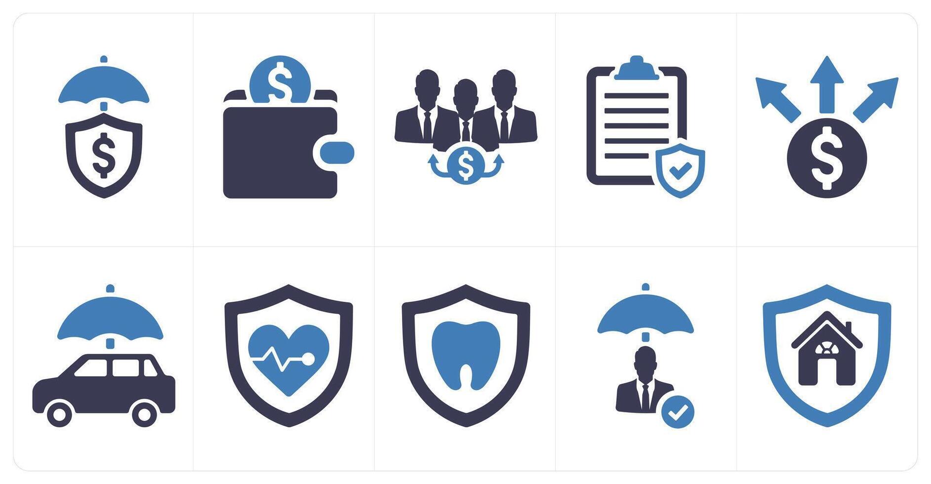 A set of 10 insurance icons as financial protection, savings, beneficiary in blue filled color vector