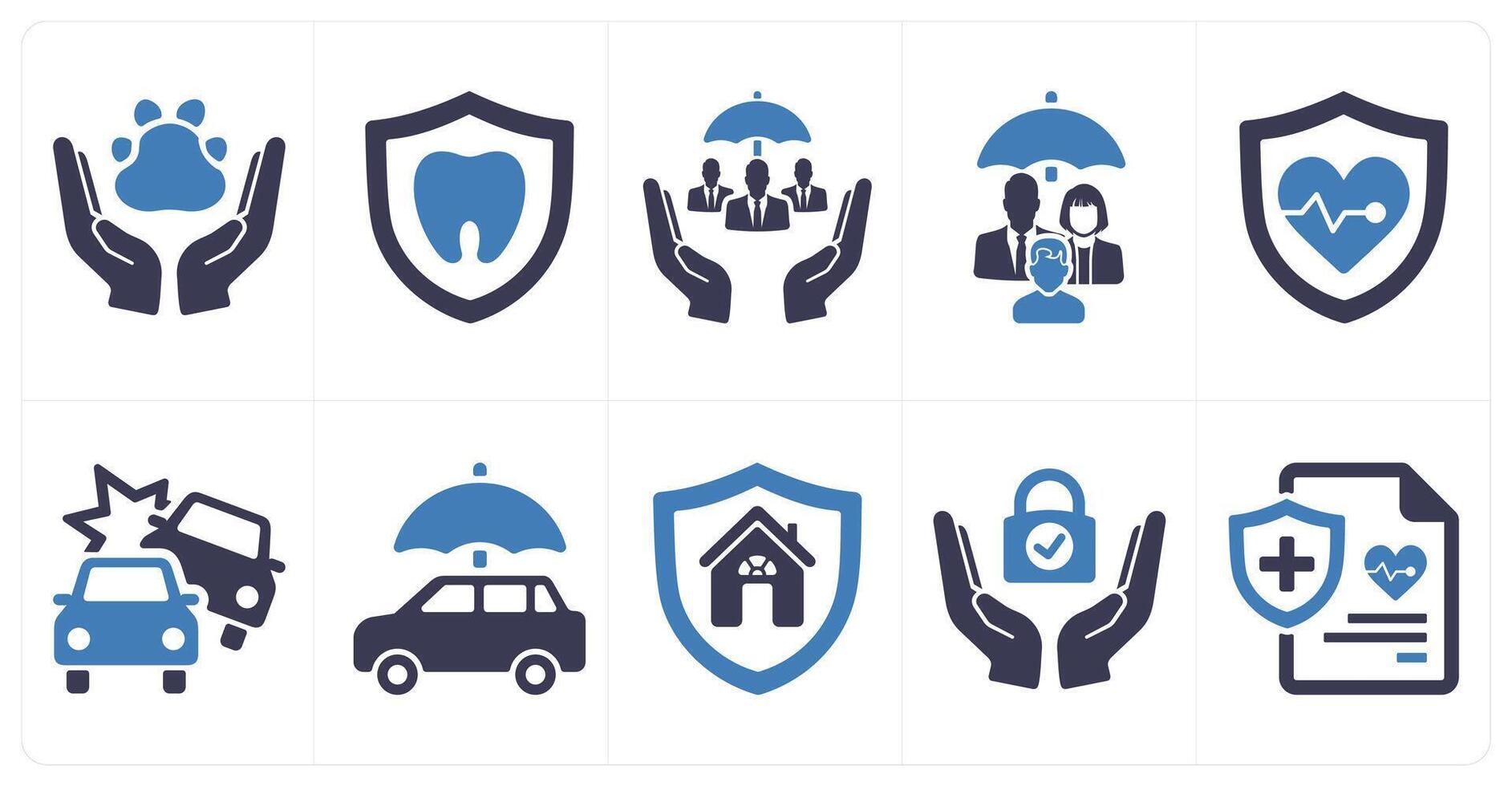 A set of 10 insurance icons as pet care, dental, social security in blue filled color vector