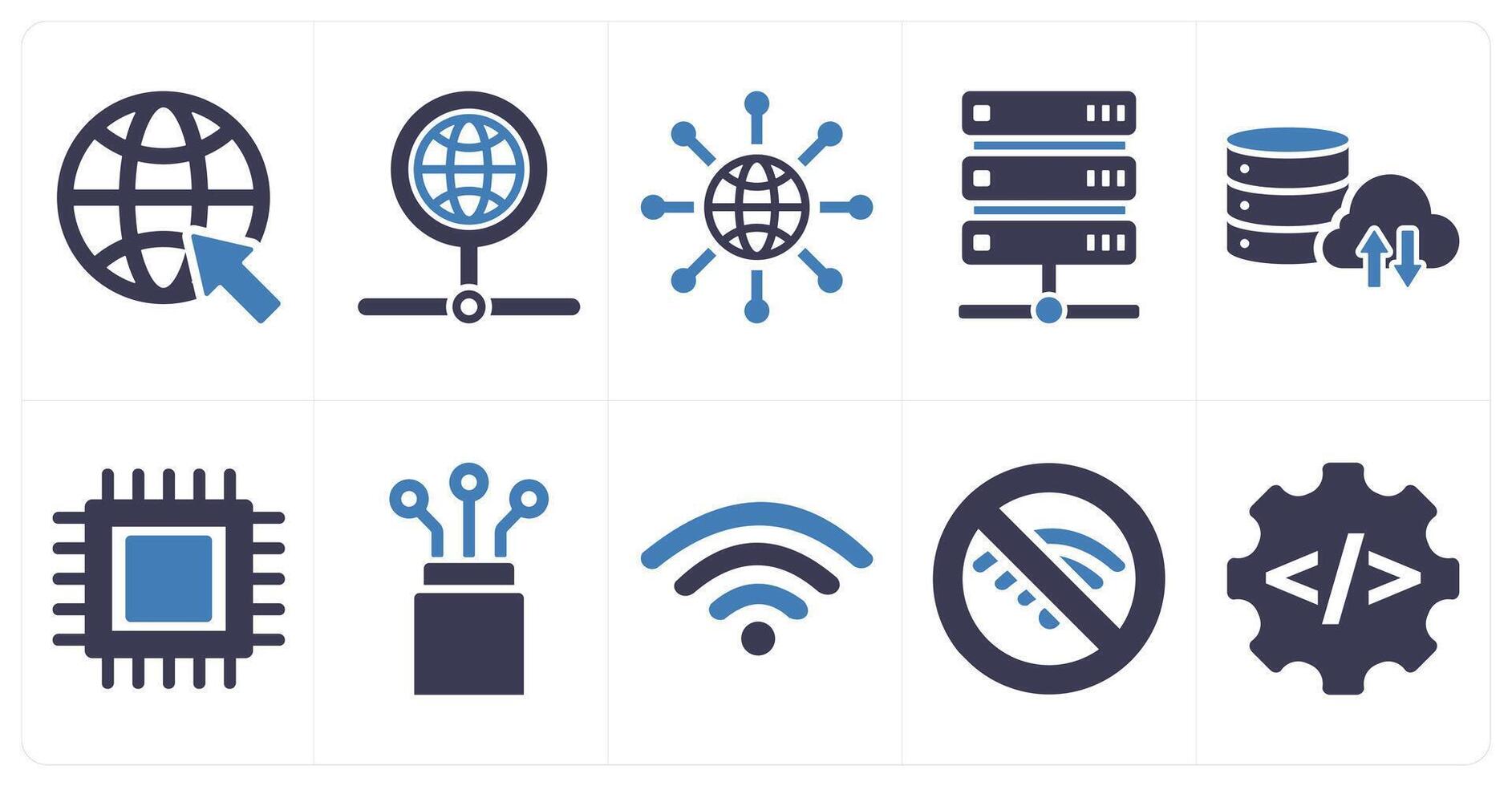 A set of 10 internet computer icons as online, network, internet in blue filled color vector