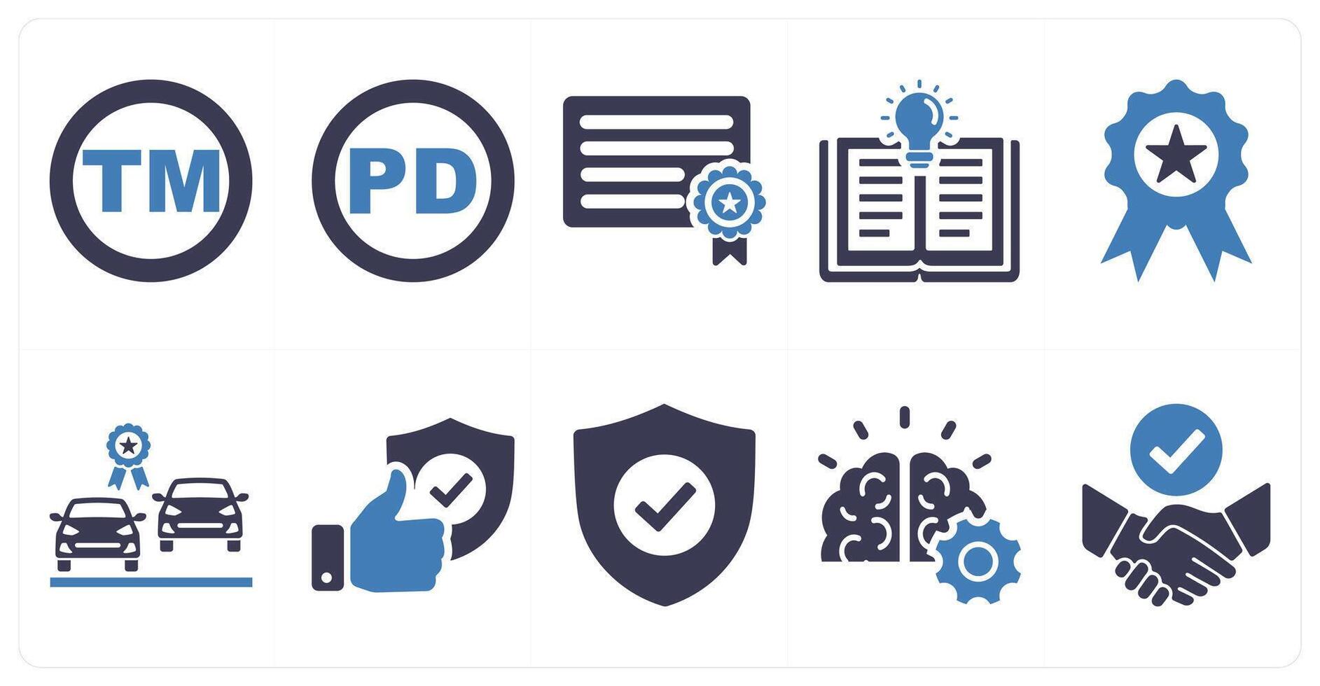 A set of 10 intellectual property icons as trademark, public domain, patent in blue filled color vector