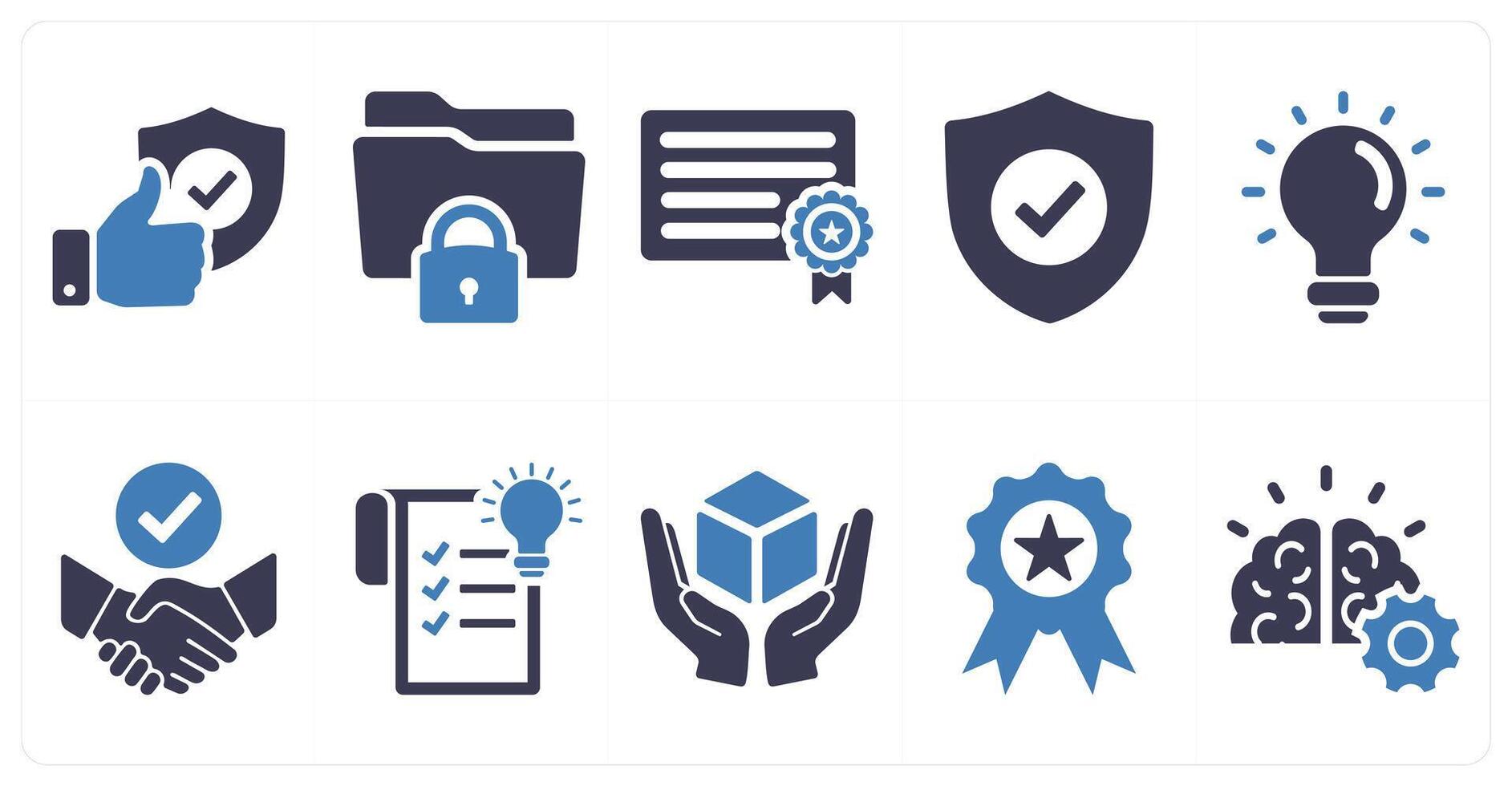 A set of 10 intellectual property icons as protection, trade secrets, patent in blue filled color vector