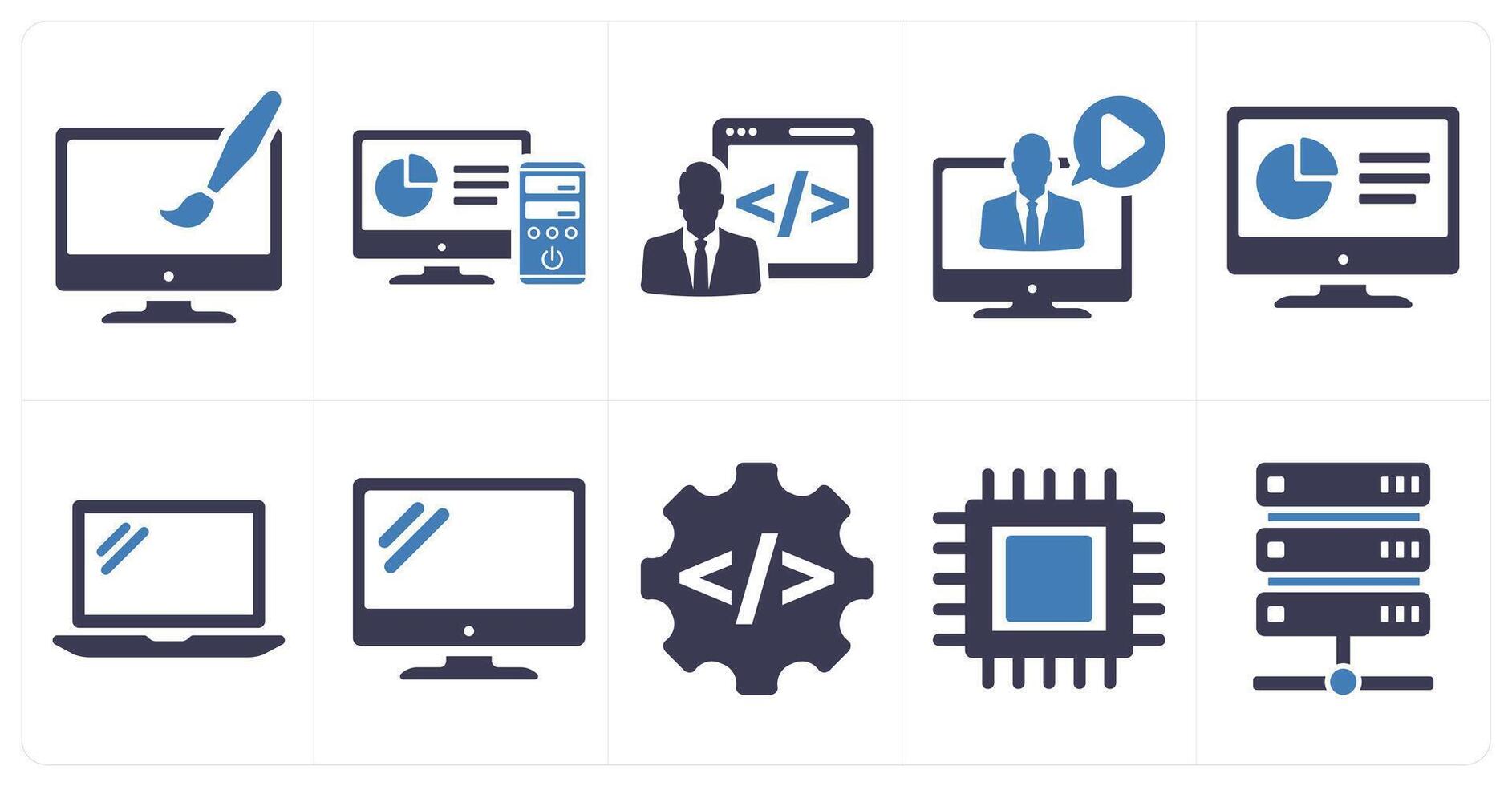 A set of 10 internet computer icons as web design, computer, developer in blue filled color vector
