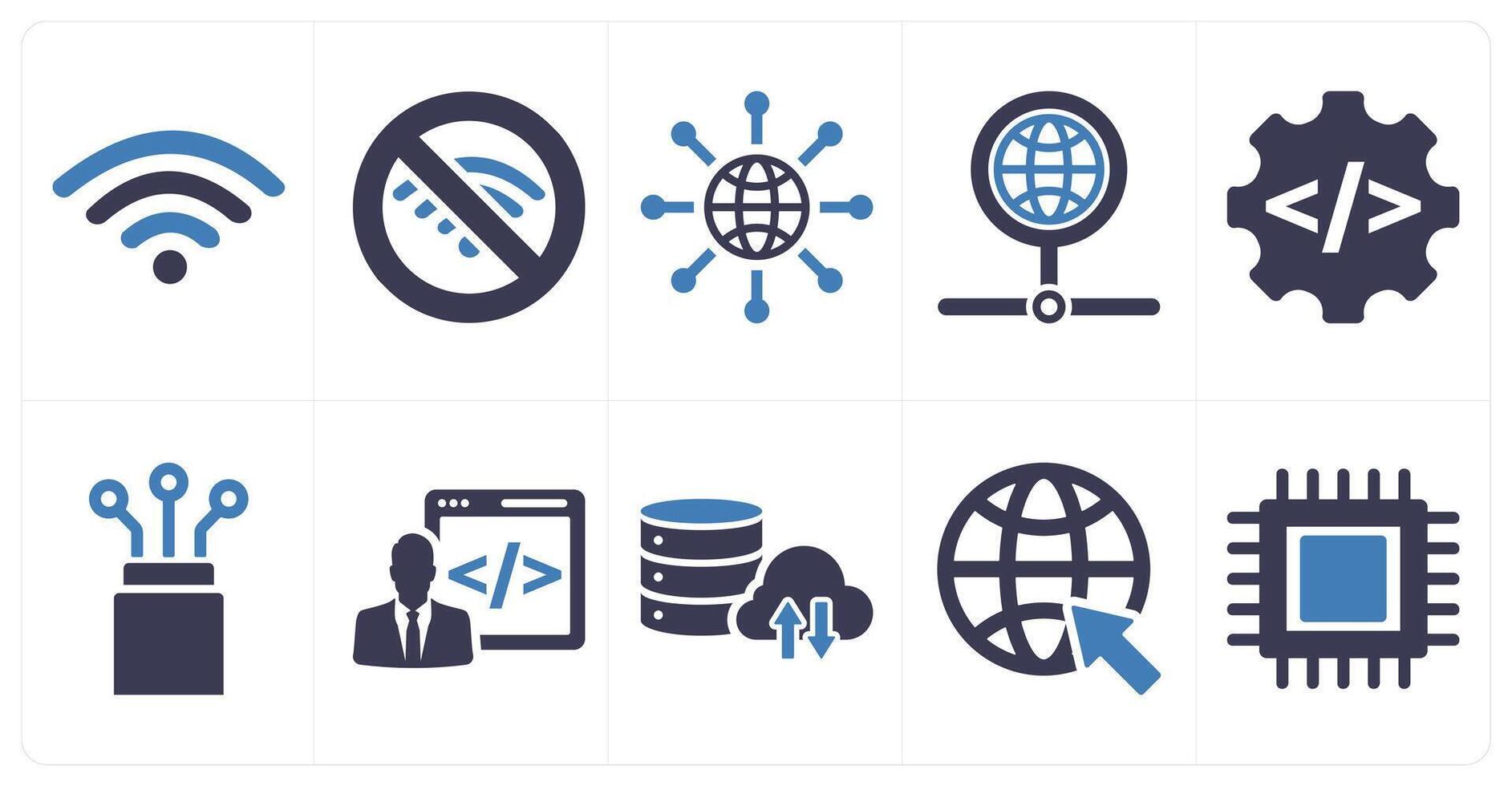 A set of 10 internet computer icons as wifi, wifi error, internet in blue filled color vector