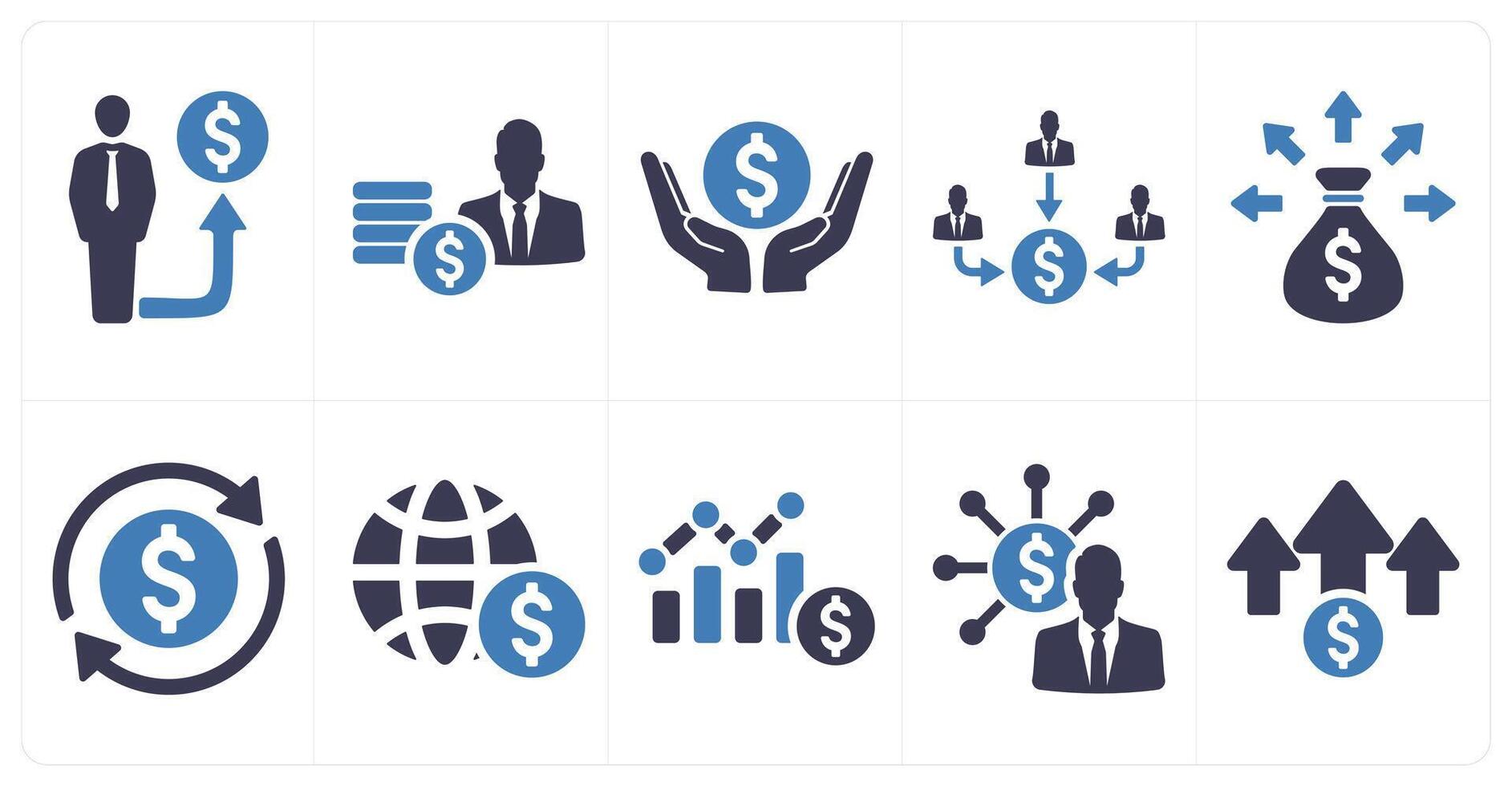 A set of 10 investment icons as investor, income, asset in blue filled color vector
