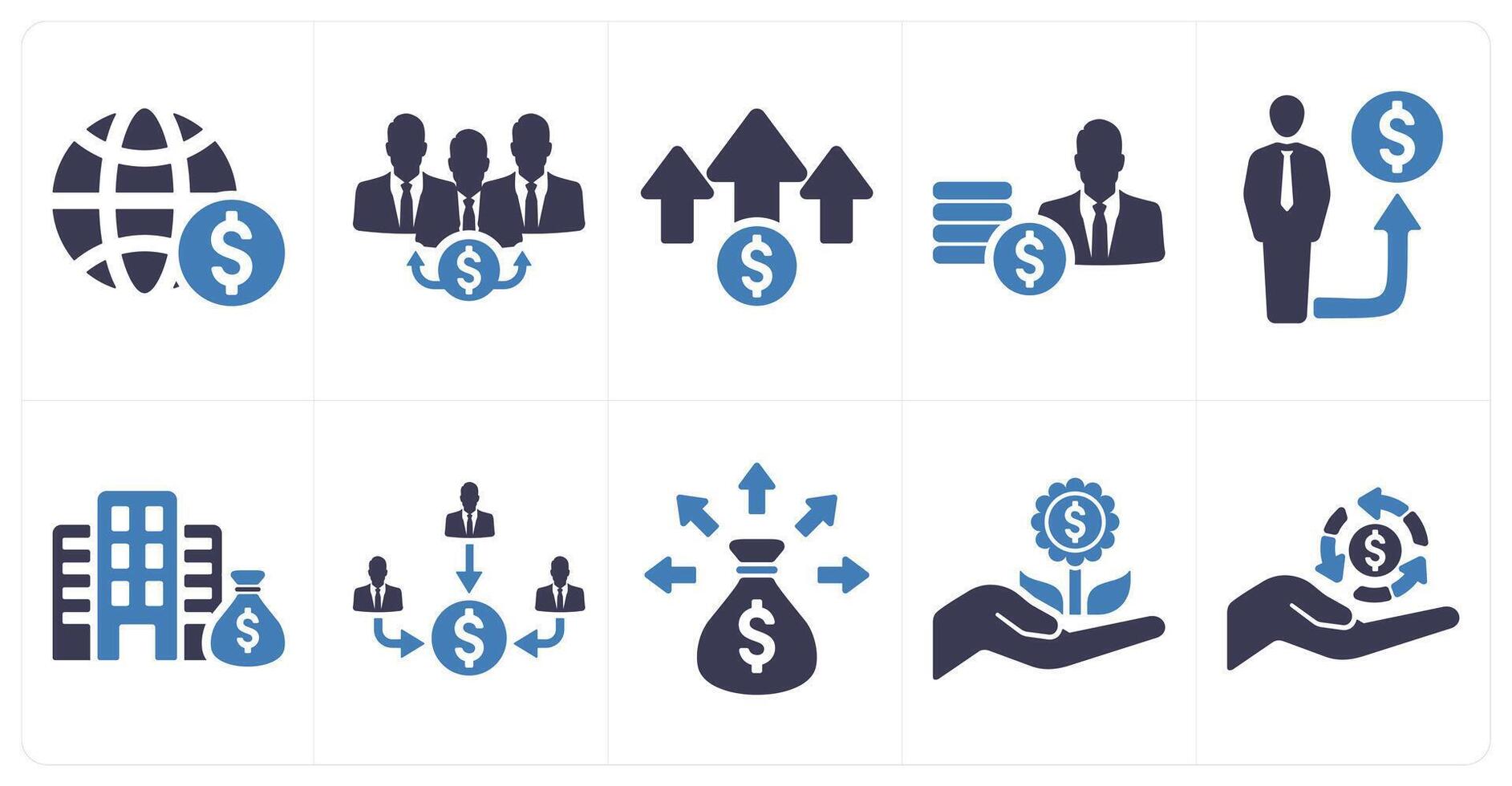 A set of 10 investment icons as global economy, dividend, inflation in blue filled color vector