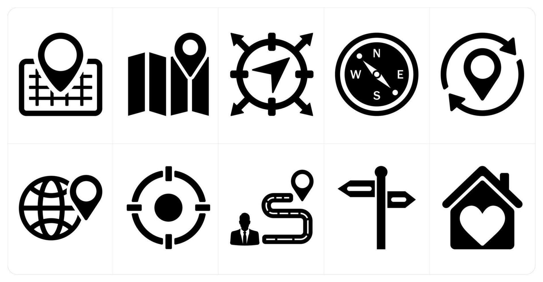 A set of 10 location icons as address, map, navigation in black filled color vector