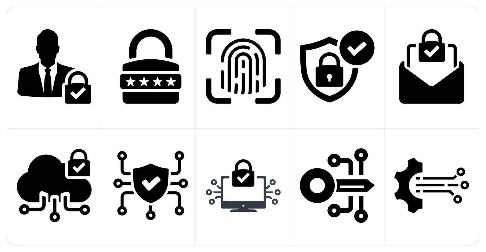 A set of 10 cyber security icons as user access, password, fingerprint in black filled color vector