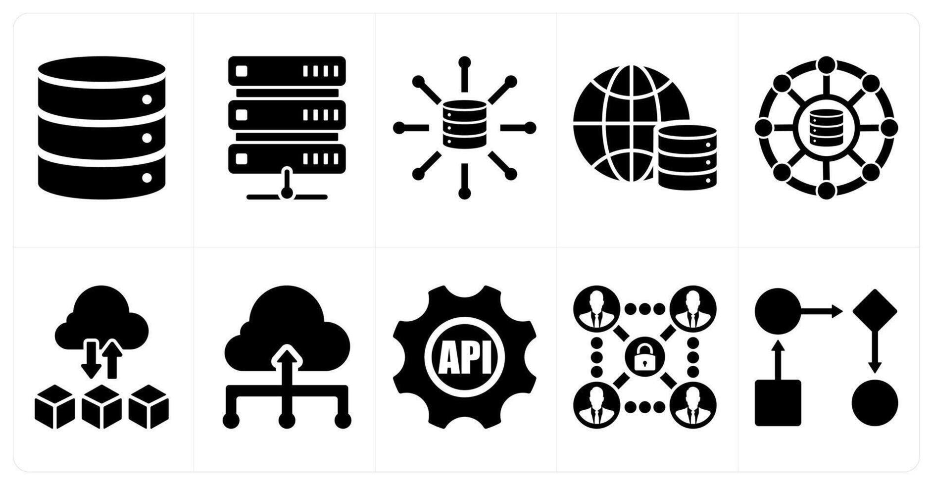 A set of 10 data analytics icons as database, server, big data in black filled color vector