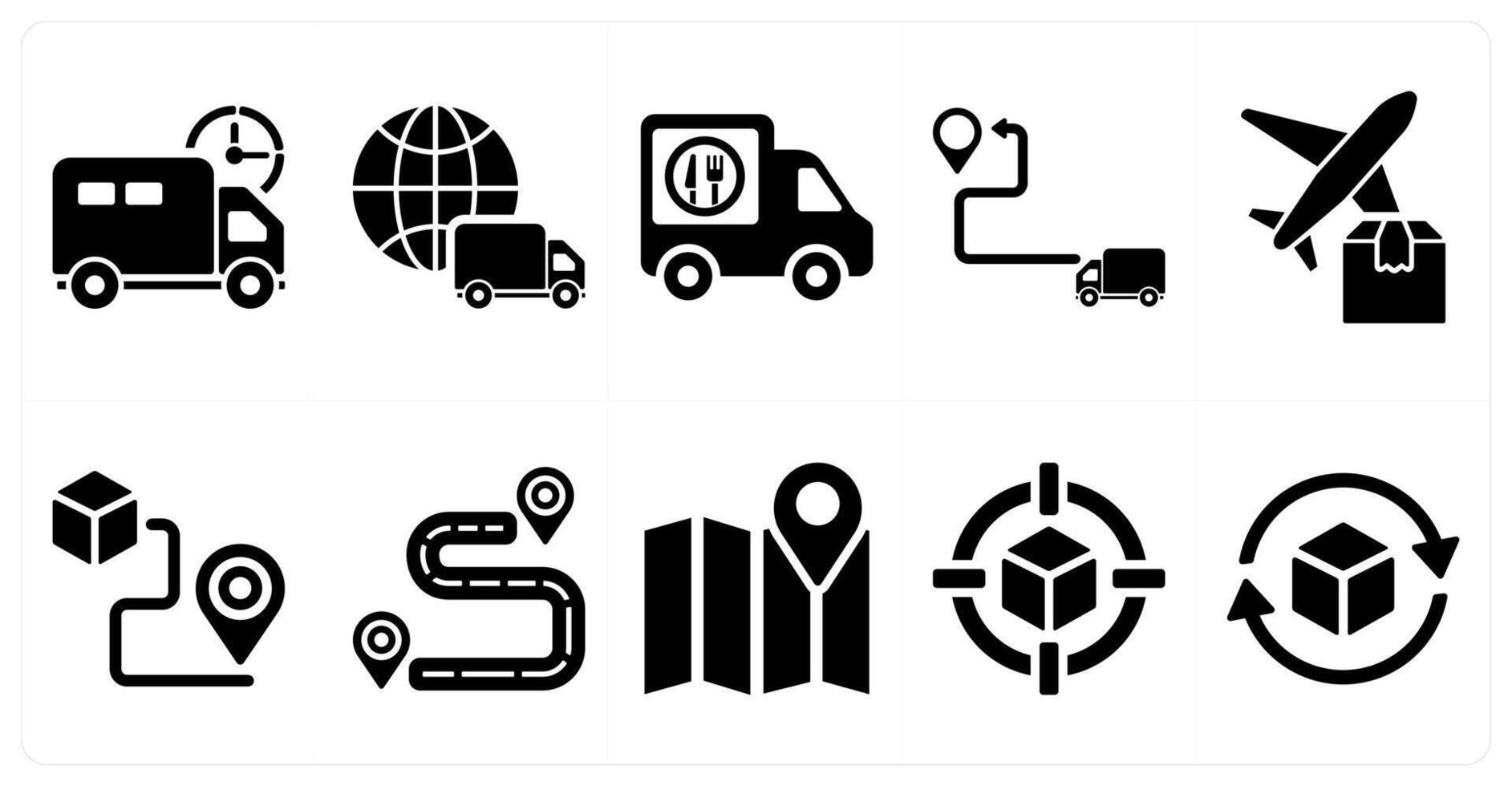 A set of 10 delivery icons as delivery on time, food delivery in black filled color vector