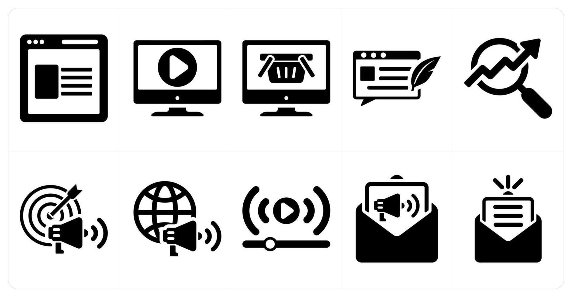 A set of 10 digital marketing icons as website, online , online shop in black filled color vector