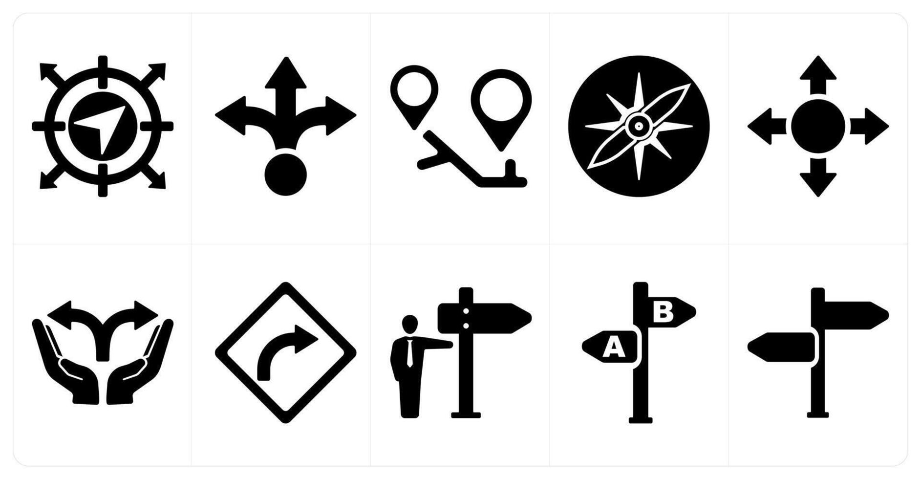A set of 10 direction icons as navigation, way, itinerary in black filled color vector