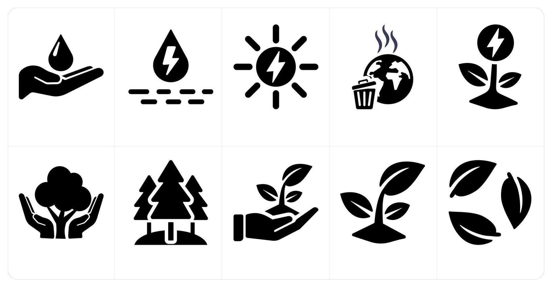 A set of 10 ecology icons as save water, hydro power, solar power in black filled color vector