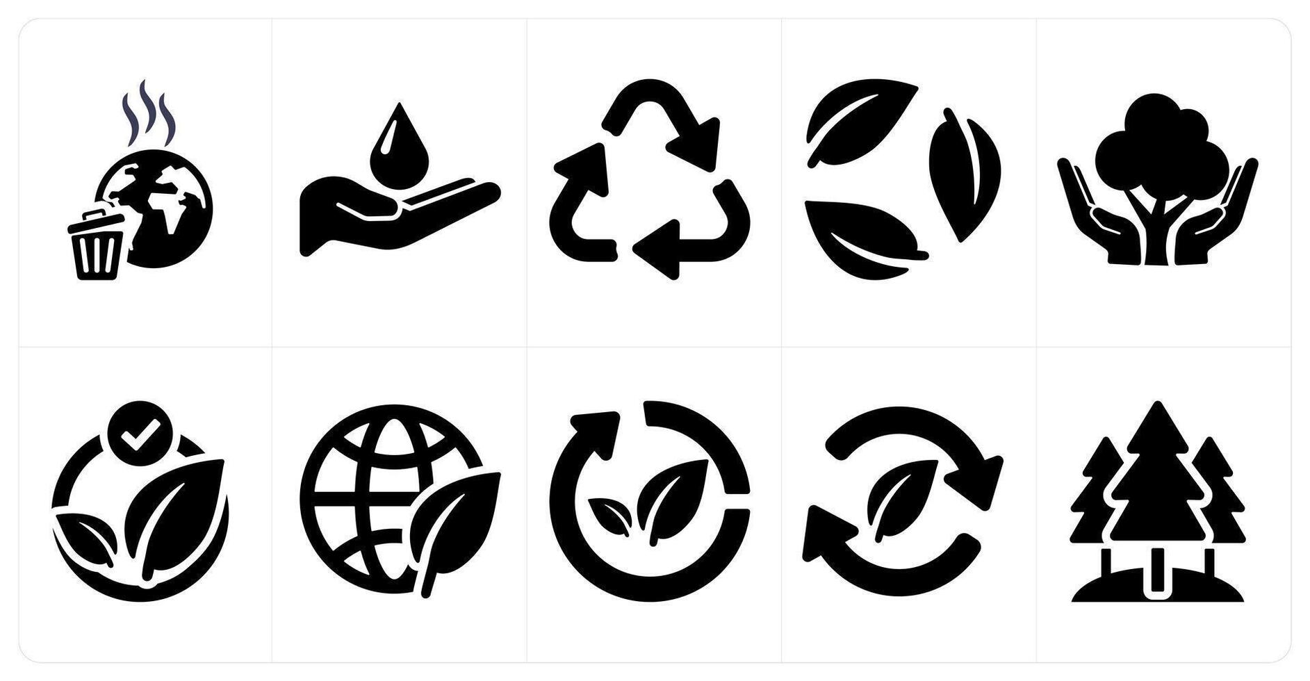 A set of 10 ecology icons as pollution, save water, recycle in black filled color vector